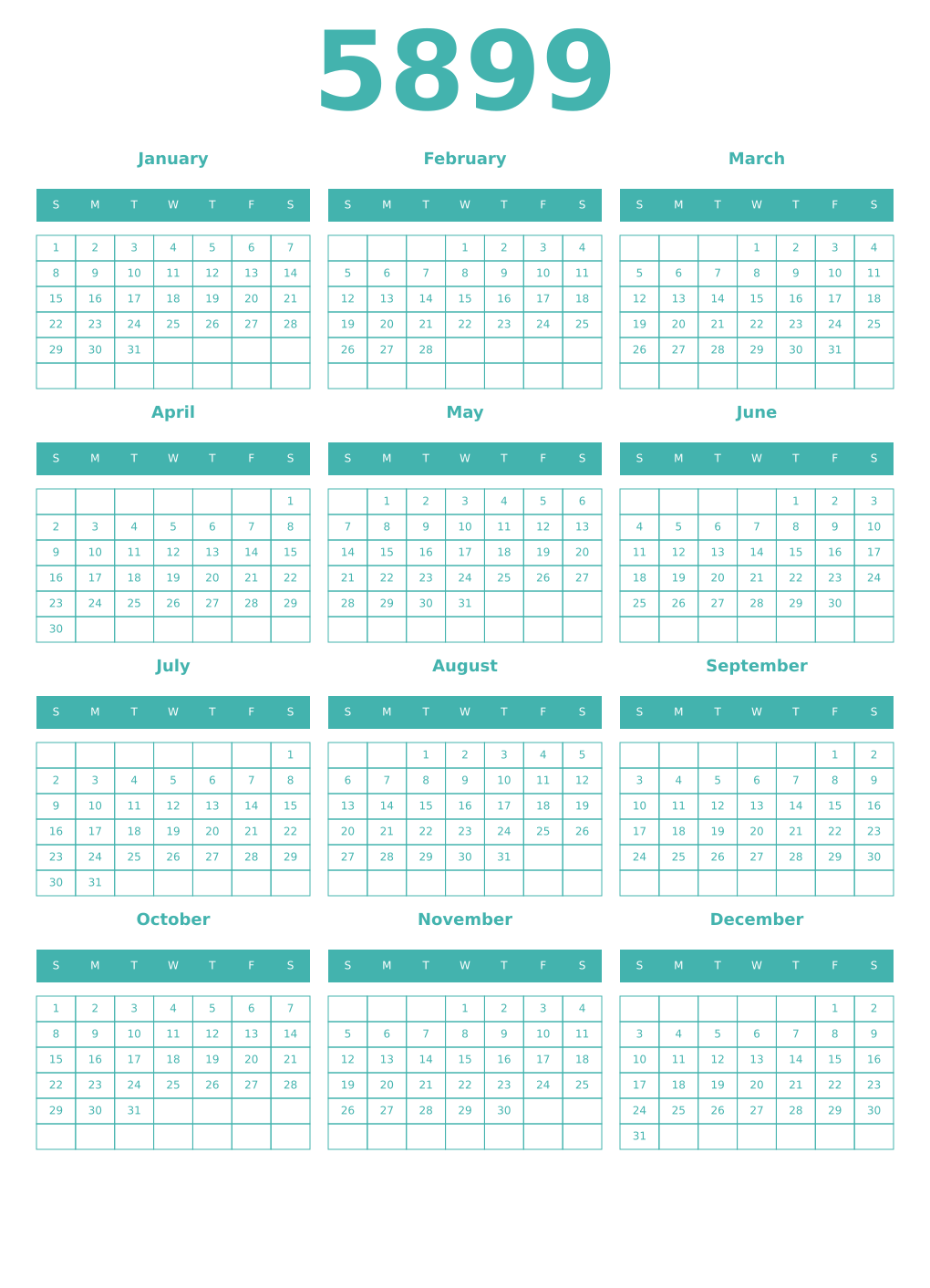 Printable 5899 Year Calendars verdigris