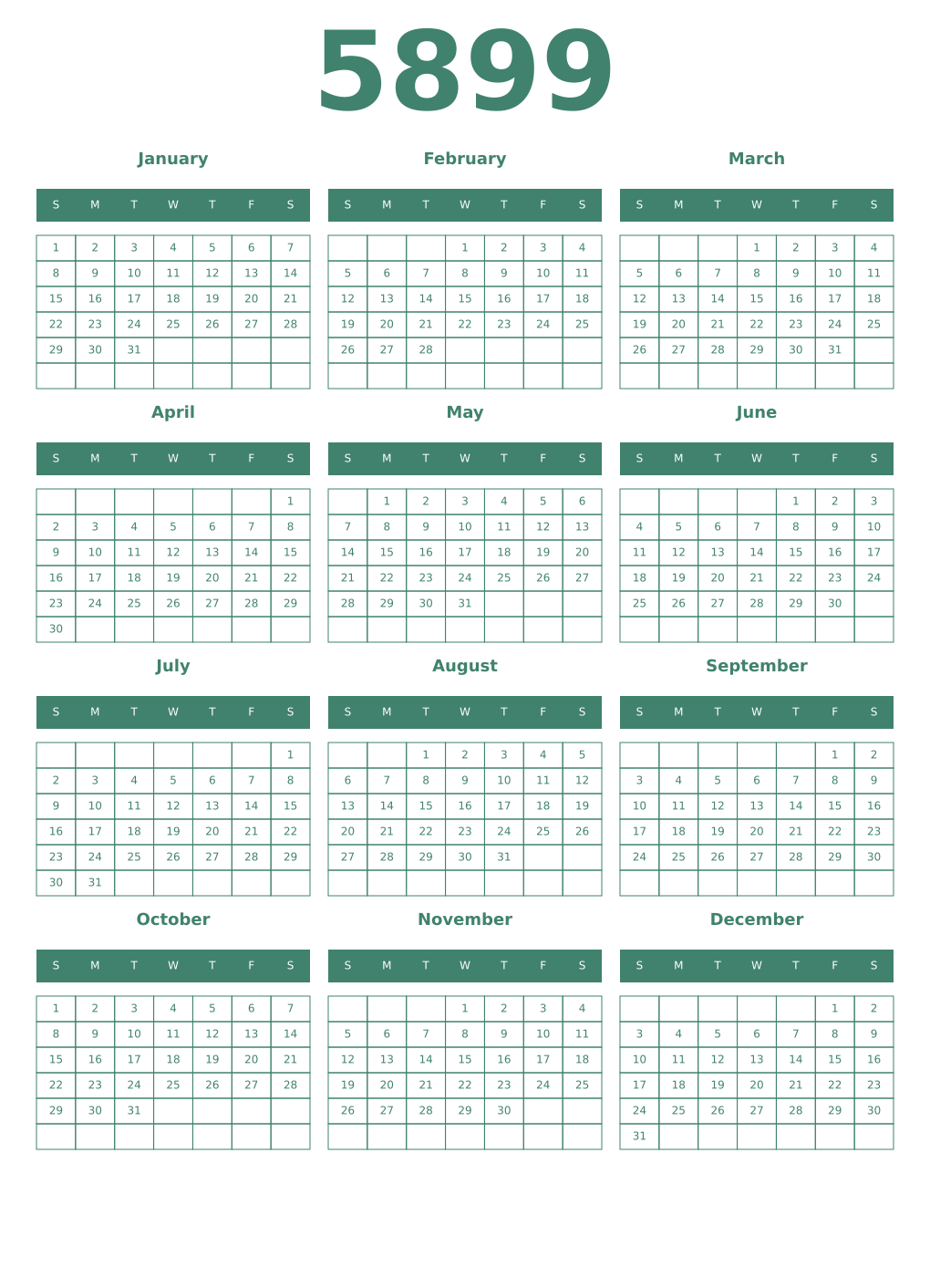 Printable 5899 Year Calendars viridian