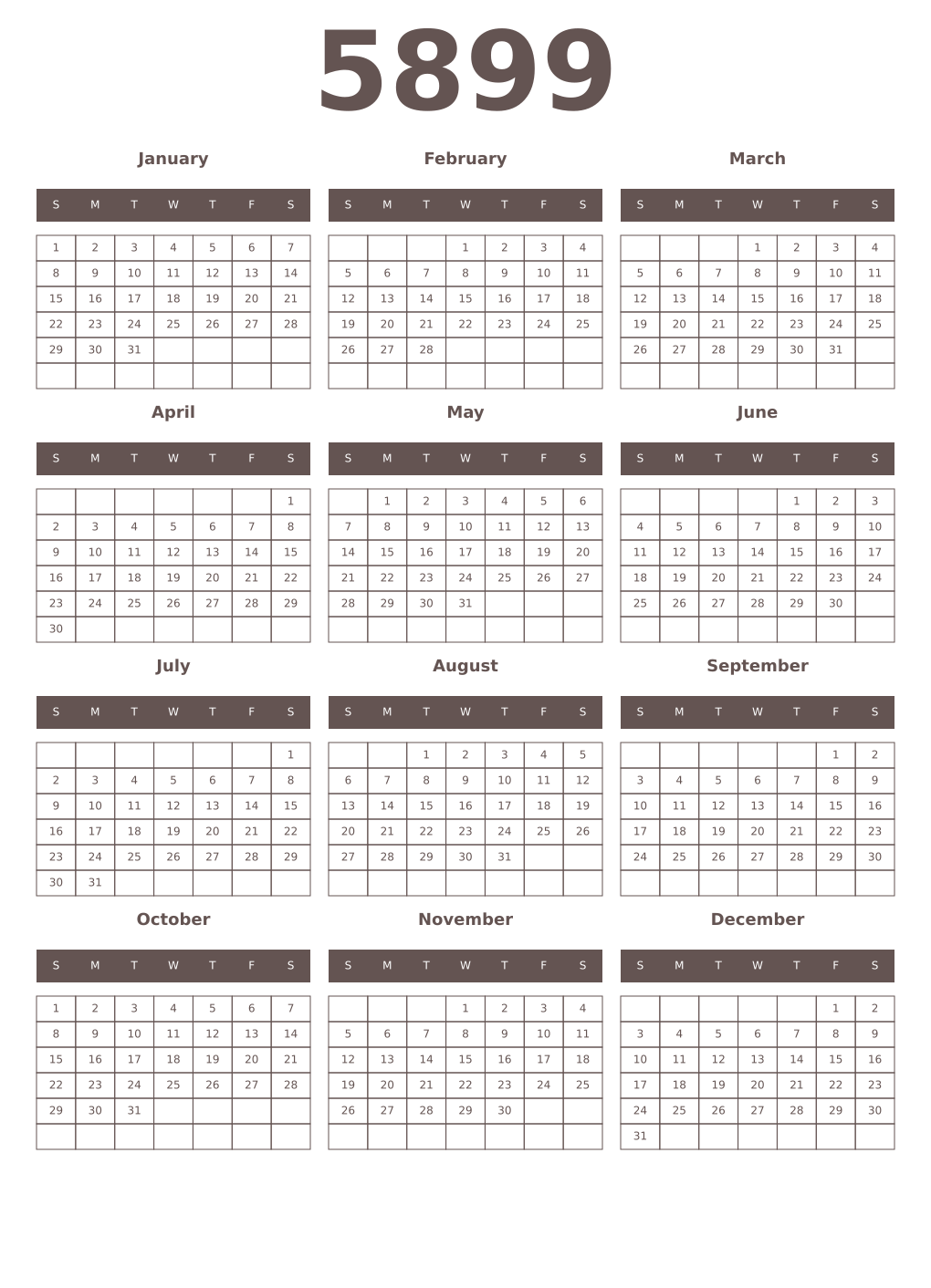 Printable 5899 Year Calendars wenge