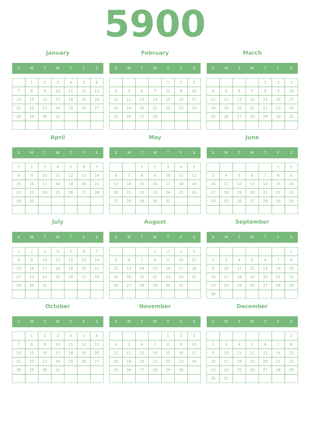 Printable 5900 Year Calendars celadon