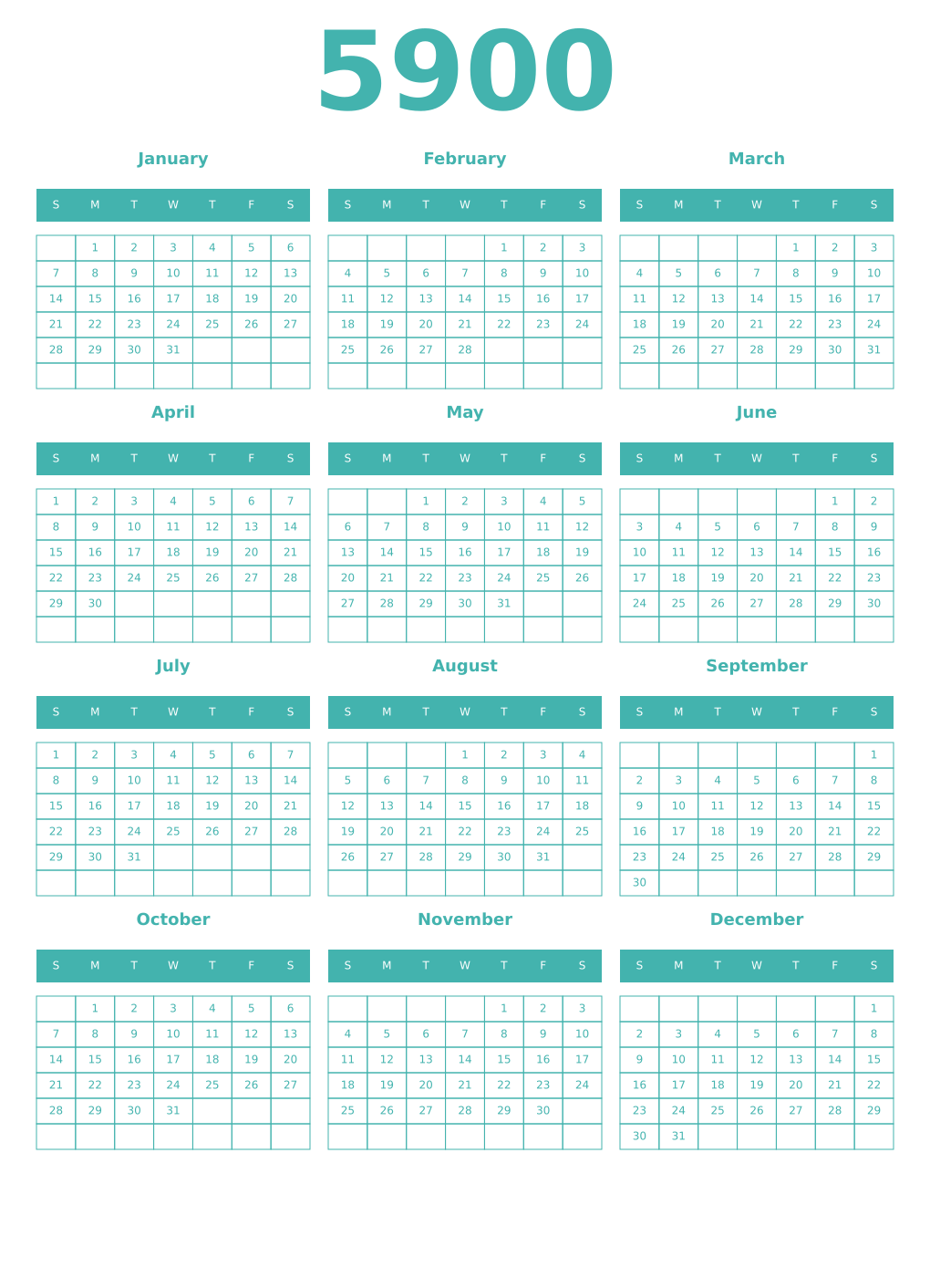 Printable 5900 Year Calendars verdigris