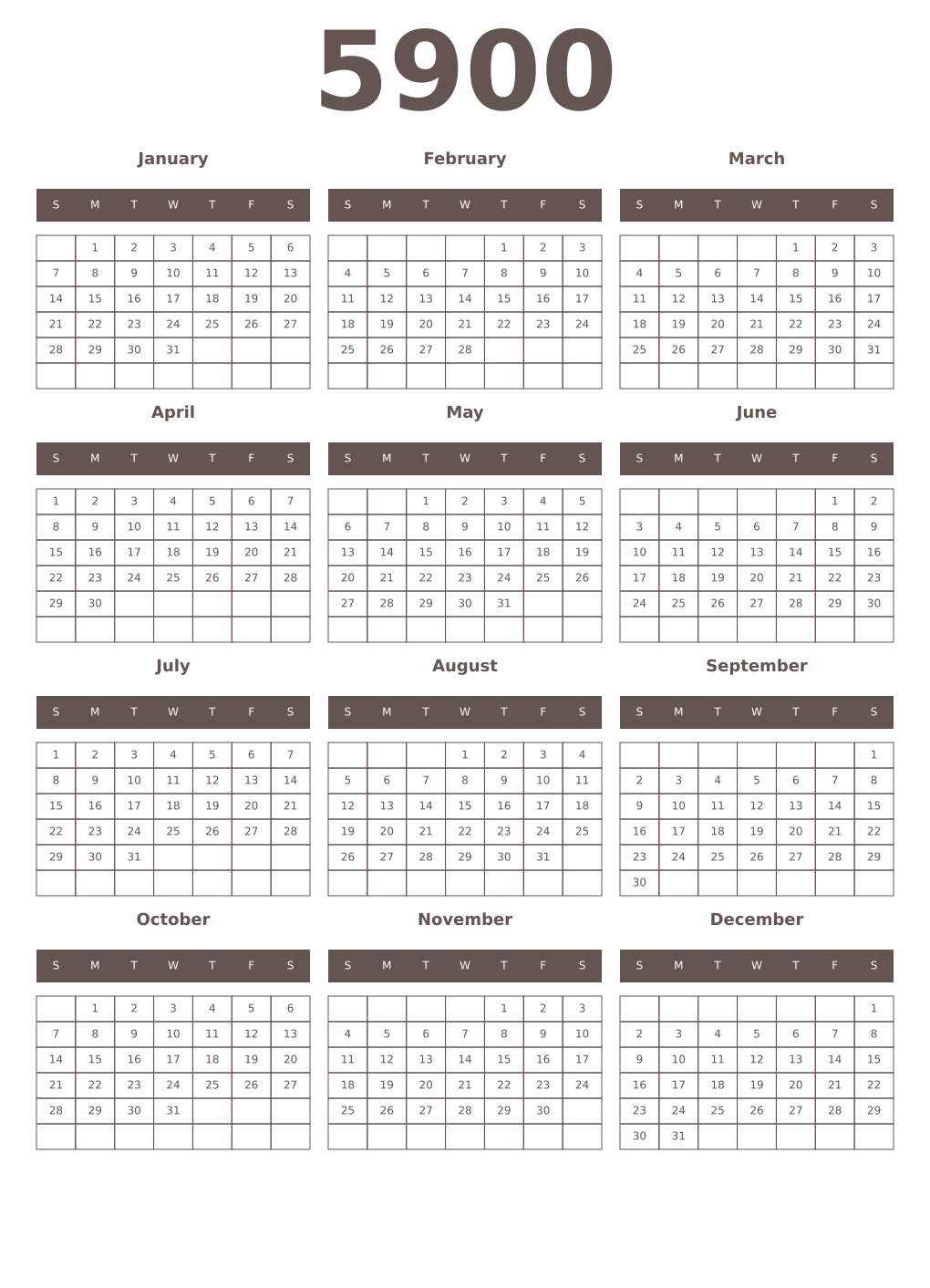 Printable 5900 Year Calendars wenge