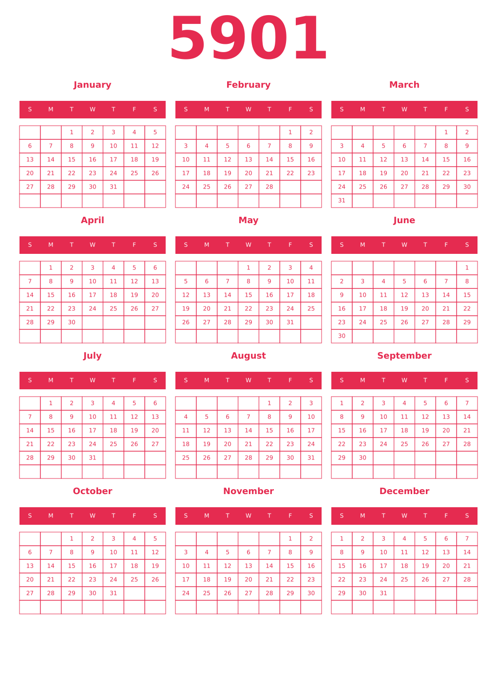 Printable 5901 Year Calendars amaranth