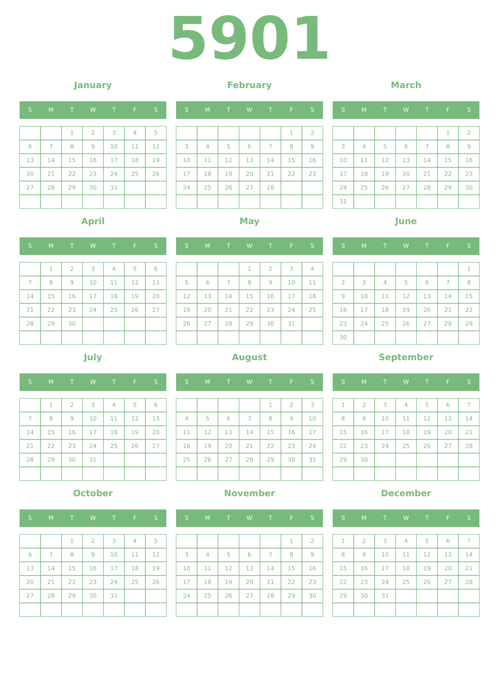 Printable 5901 Year Calendars celadon