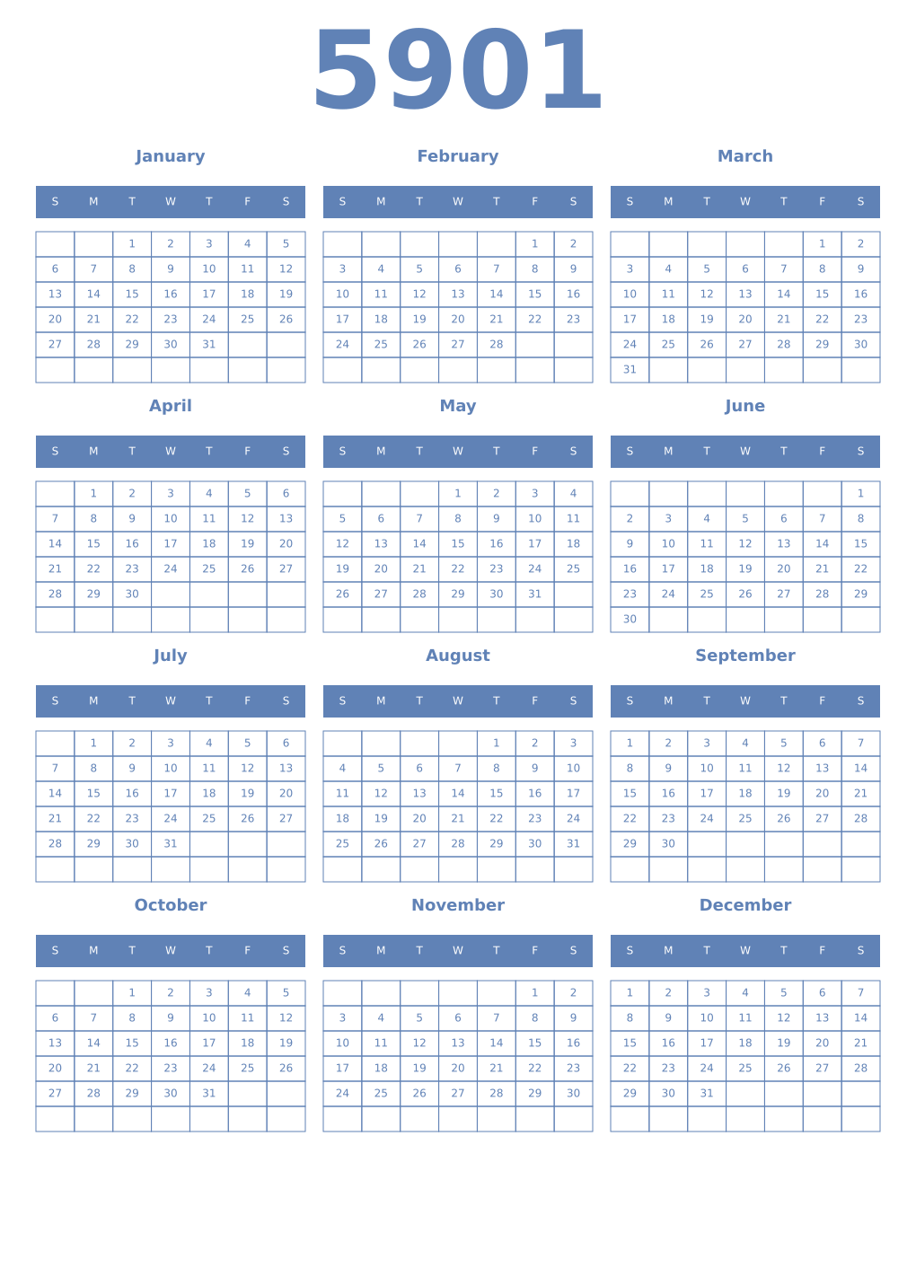 Printable 5901 Year Calendars glaucous