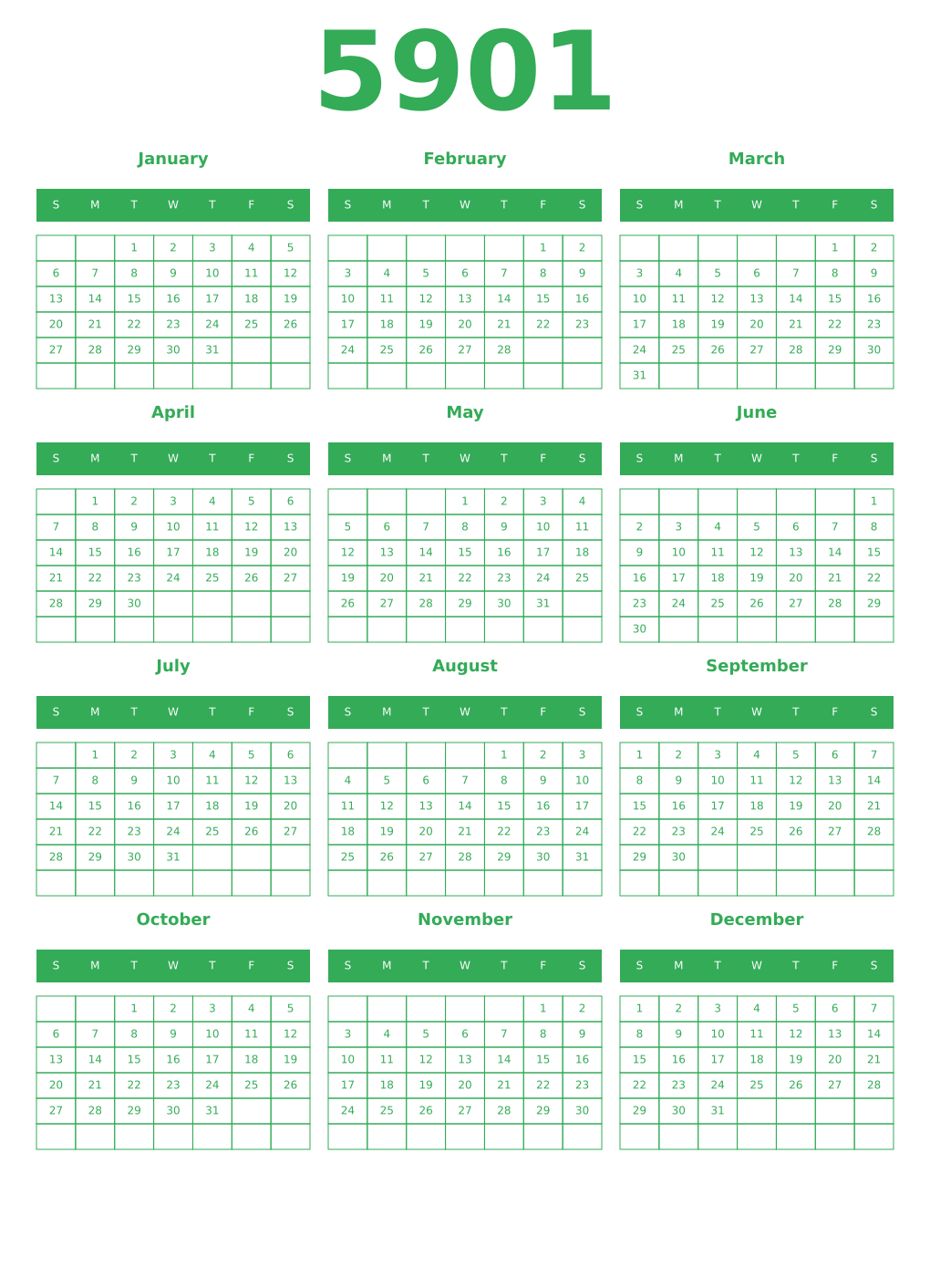 Printable 5901 Year Calendars green