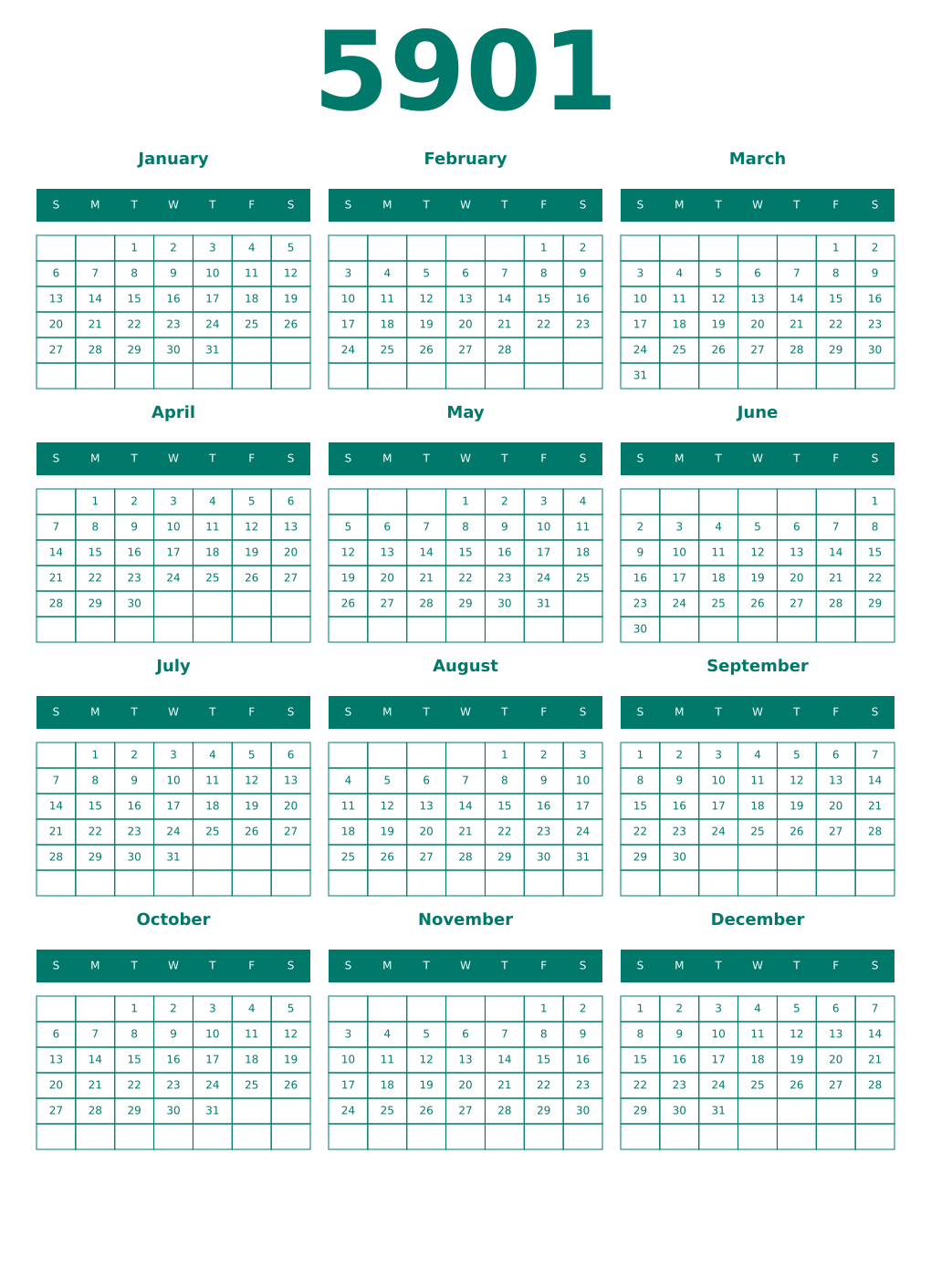 Printable 5901 Year Calendars pastel