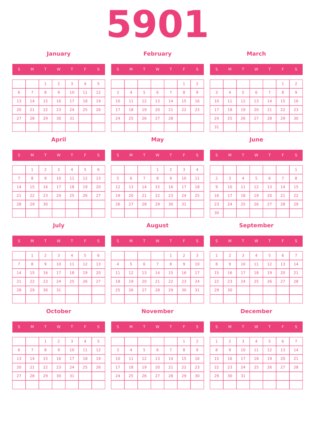 Printable 5901 Year Calendars pink