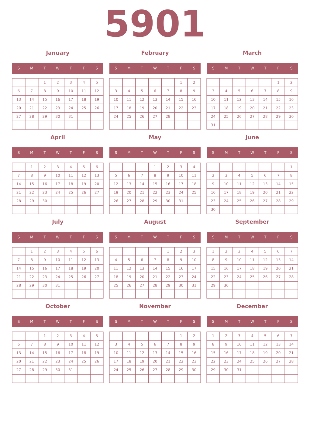 Printable 5901 Year Calendars puce