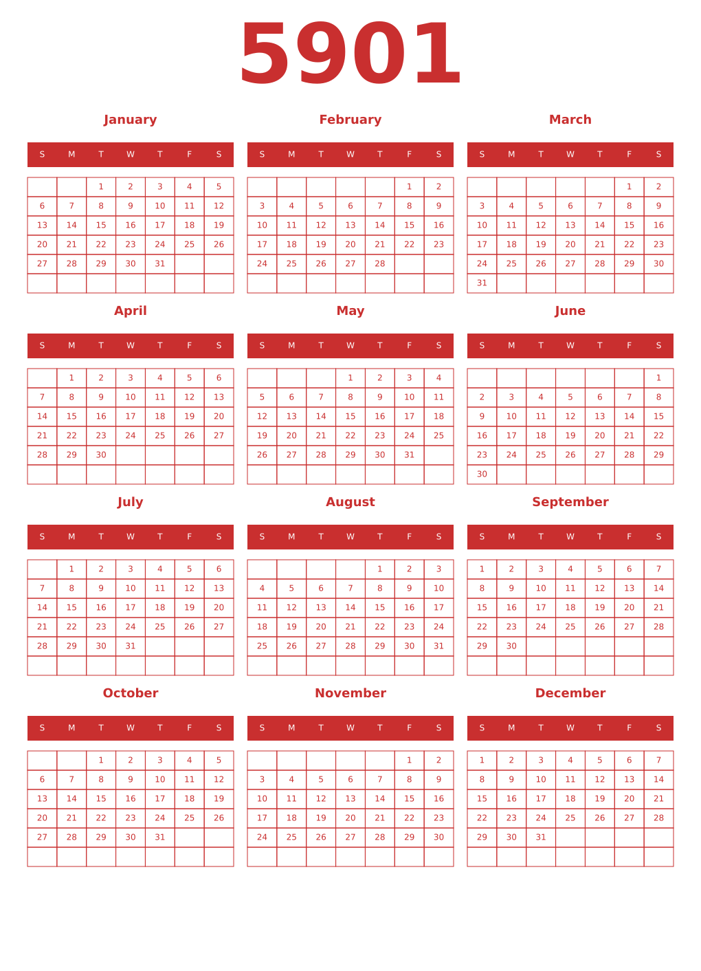 Printable 5901 Year Calendars red