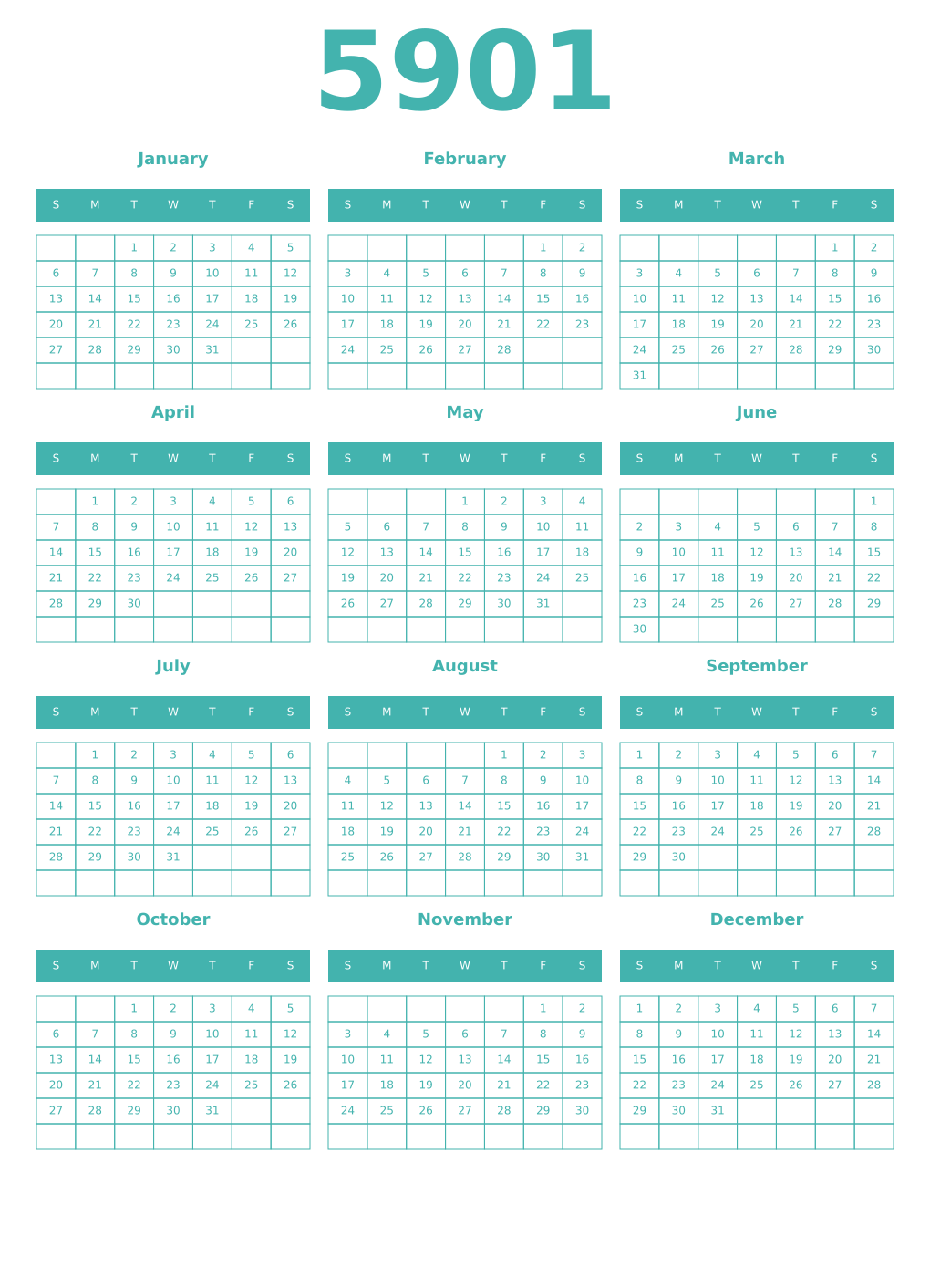Printable 5901 Year Calendars verdigris