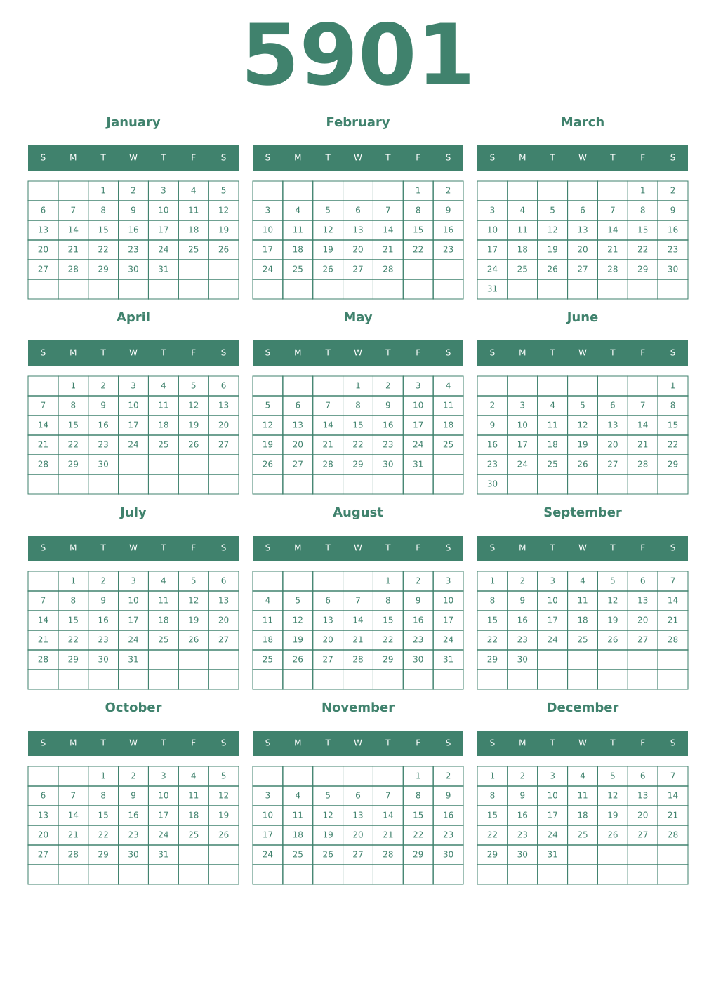 Printable 5901 Year Calendars viridian