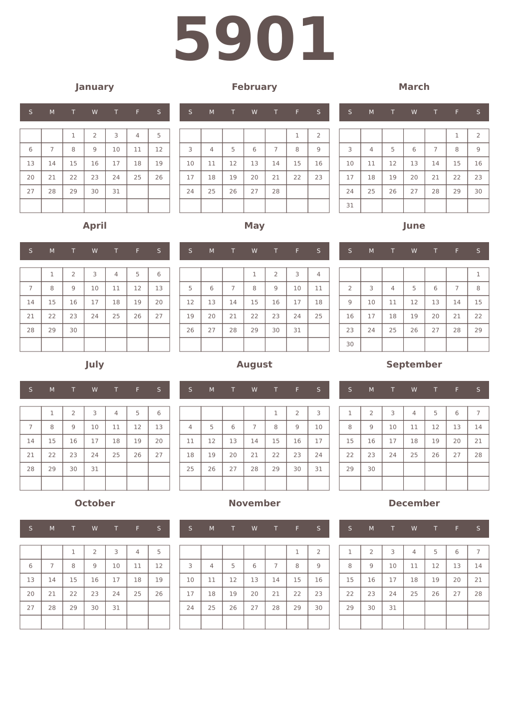 Printable 5901 Year Calendars wenge