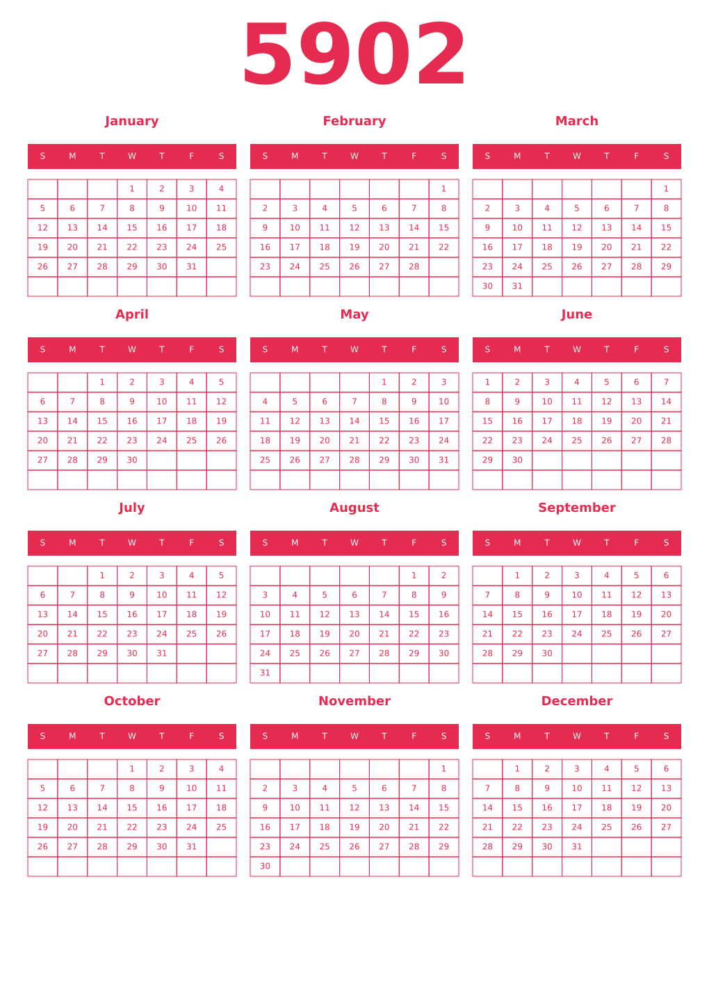 Printable 5902 Year Calendars amaranth