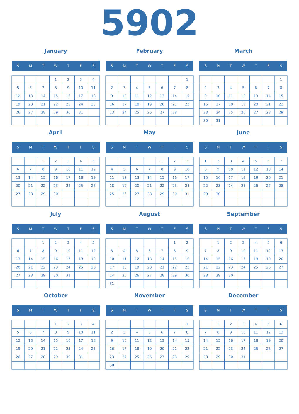Printable 5902 Year Calendars blue