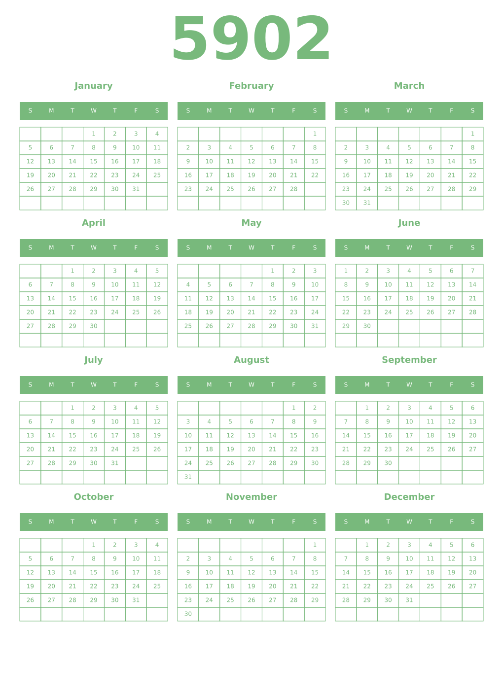 Printable 5902 Year Calendars celadon