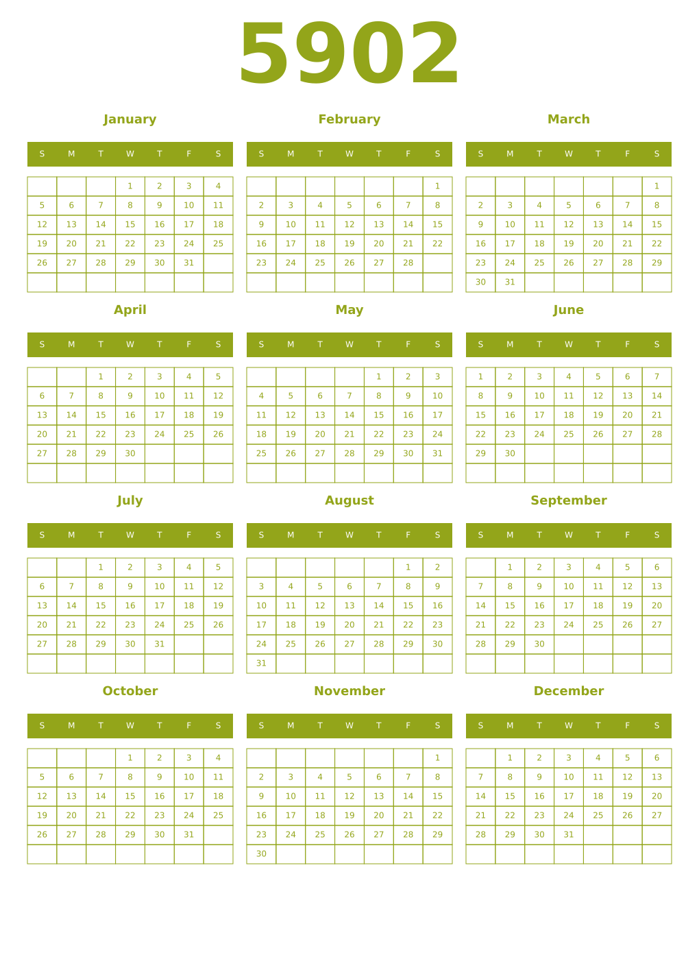 Printable 5902 Year Calendars chartreuse