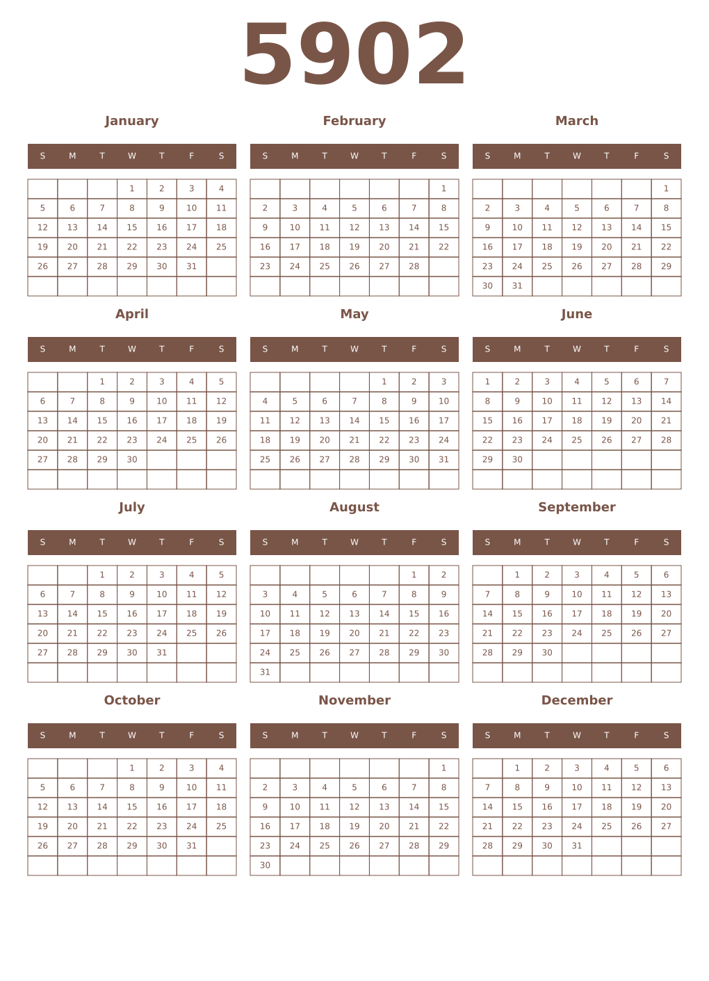 Printable 5902 Year Calendars coffe