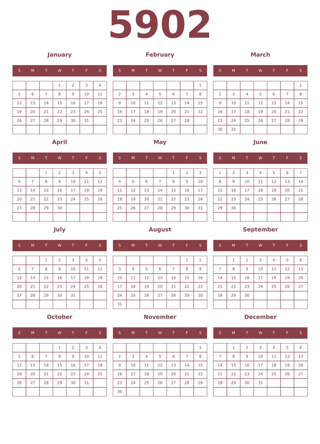 Printable 5902 Year Calendars cordovan
