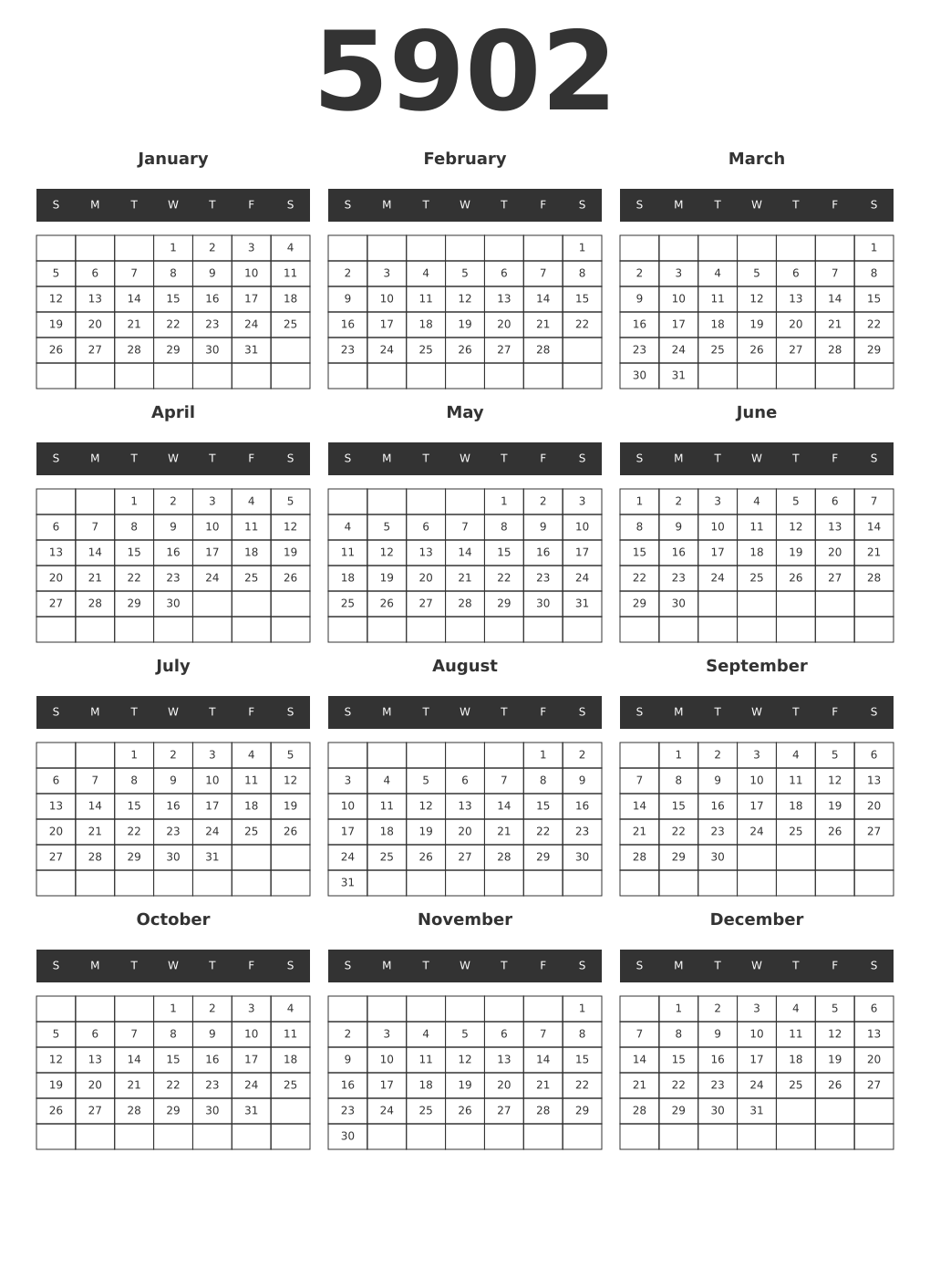 Printable 5902 Year Calendars dark