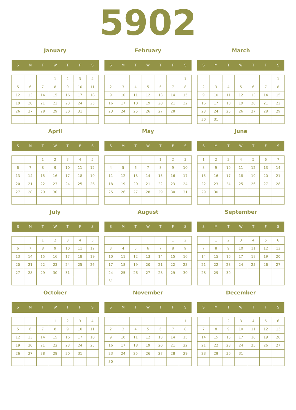 Printable 5902 Year Calendars eburnean