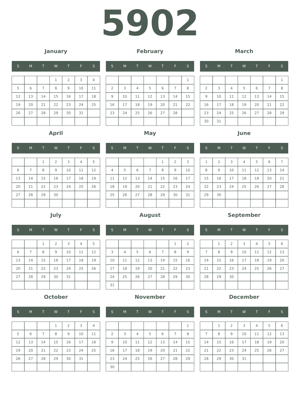 Printable 5902 Year Calendars feldgrau
