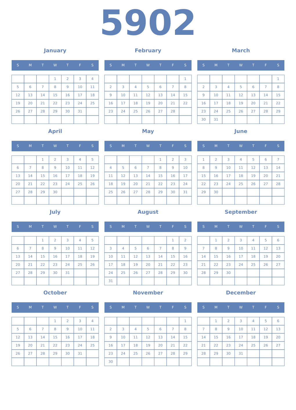 Printable 5902 Year Calendars glaucous