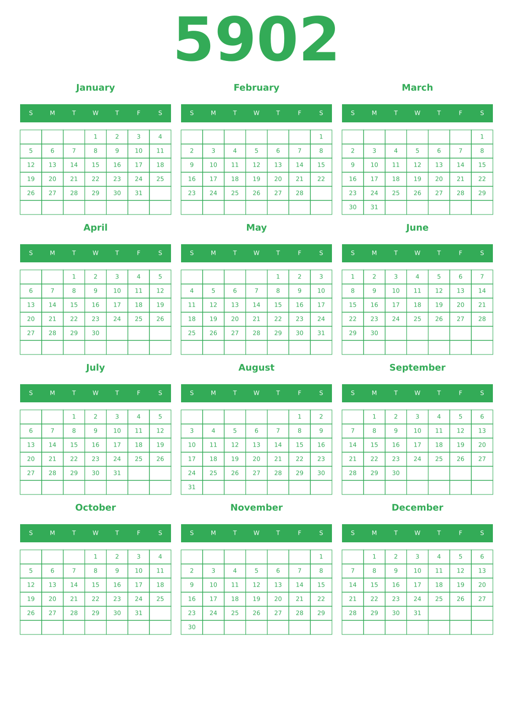 Printable 5902 Year Calendars green