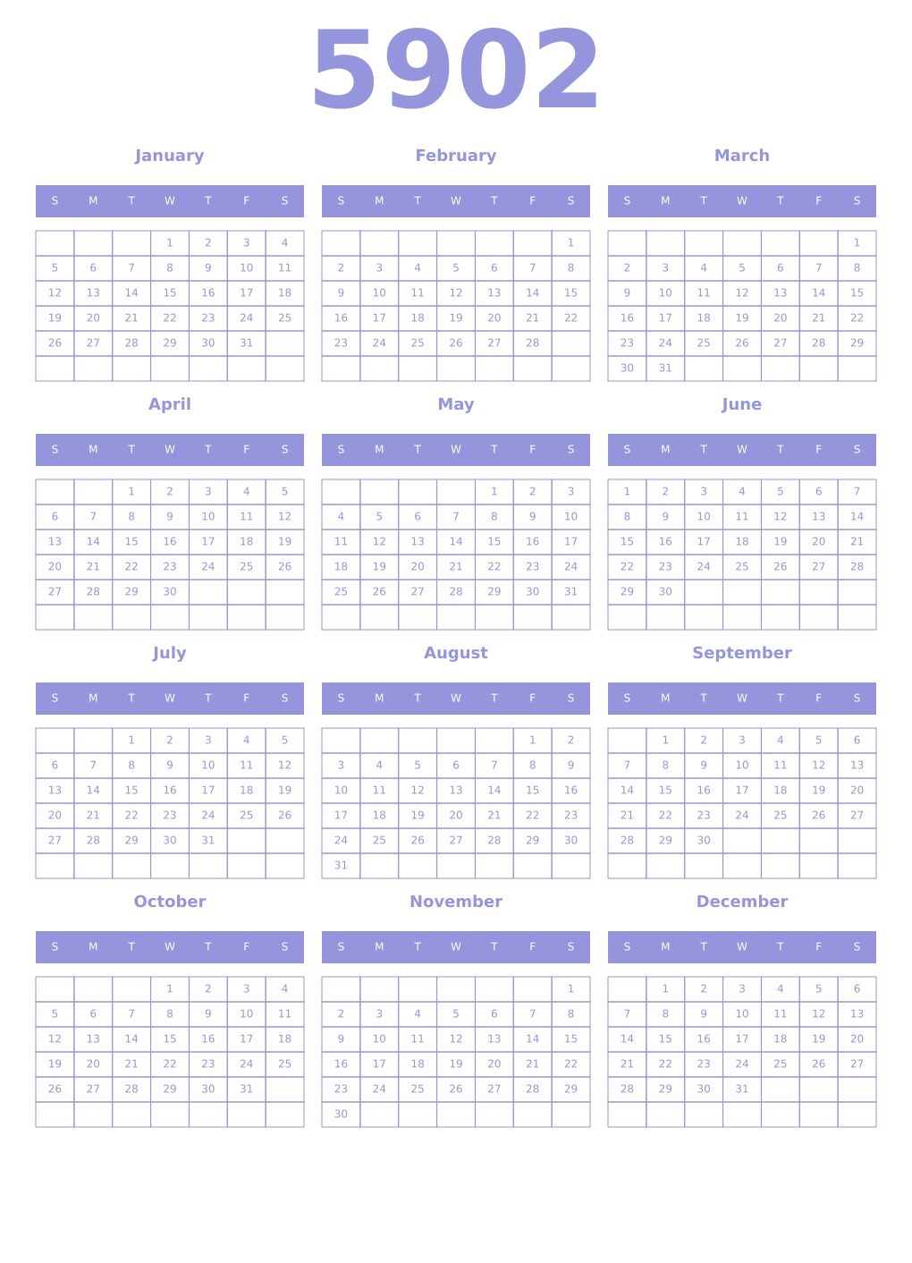 Printable 5902 Year Calendars periwinkle
