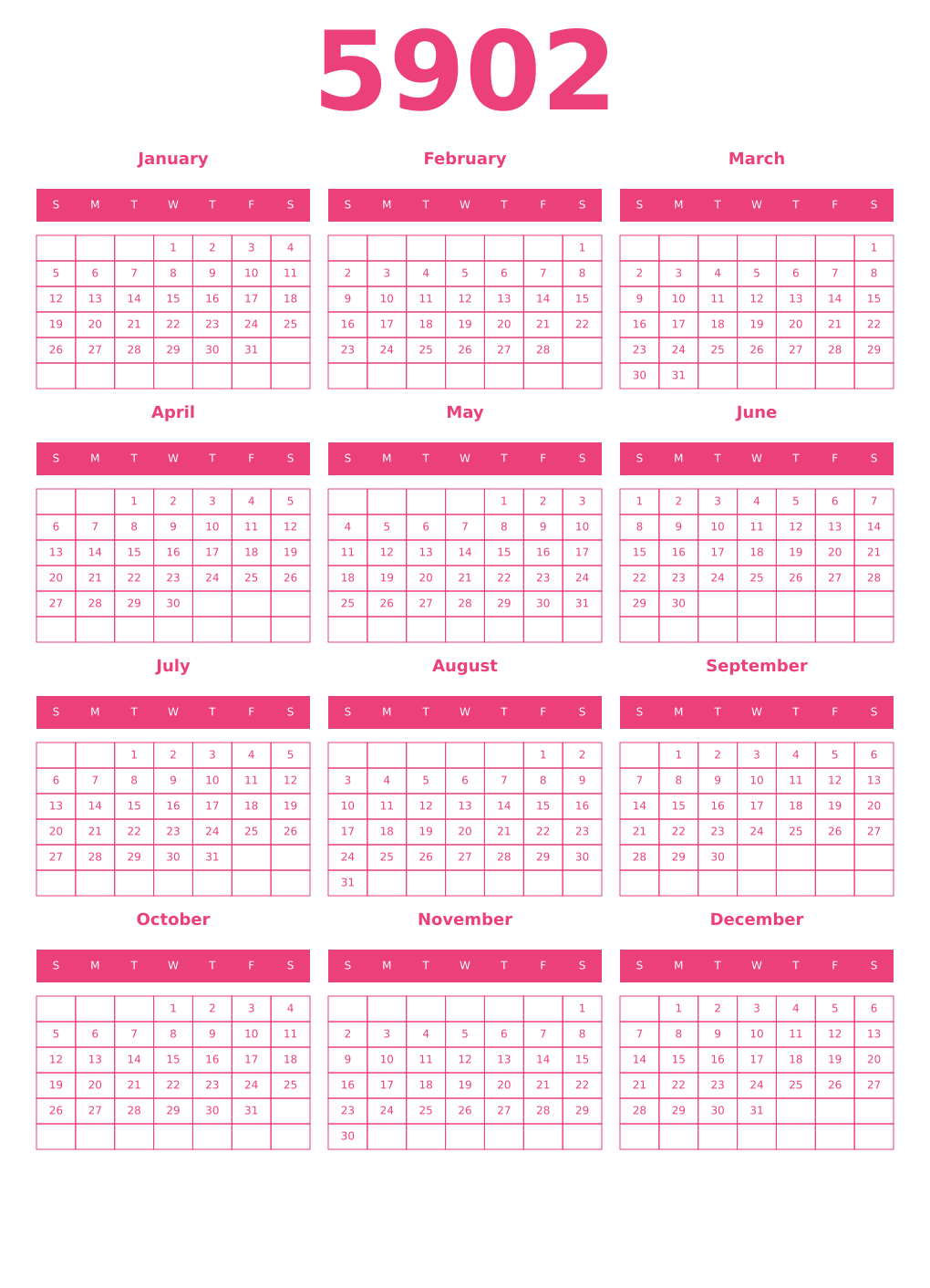 Printable 5902 Year Calendars pink