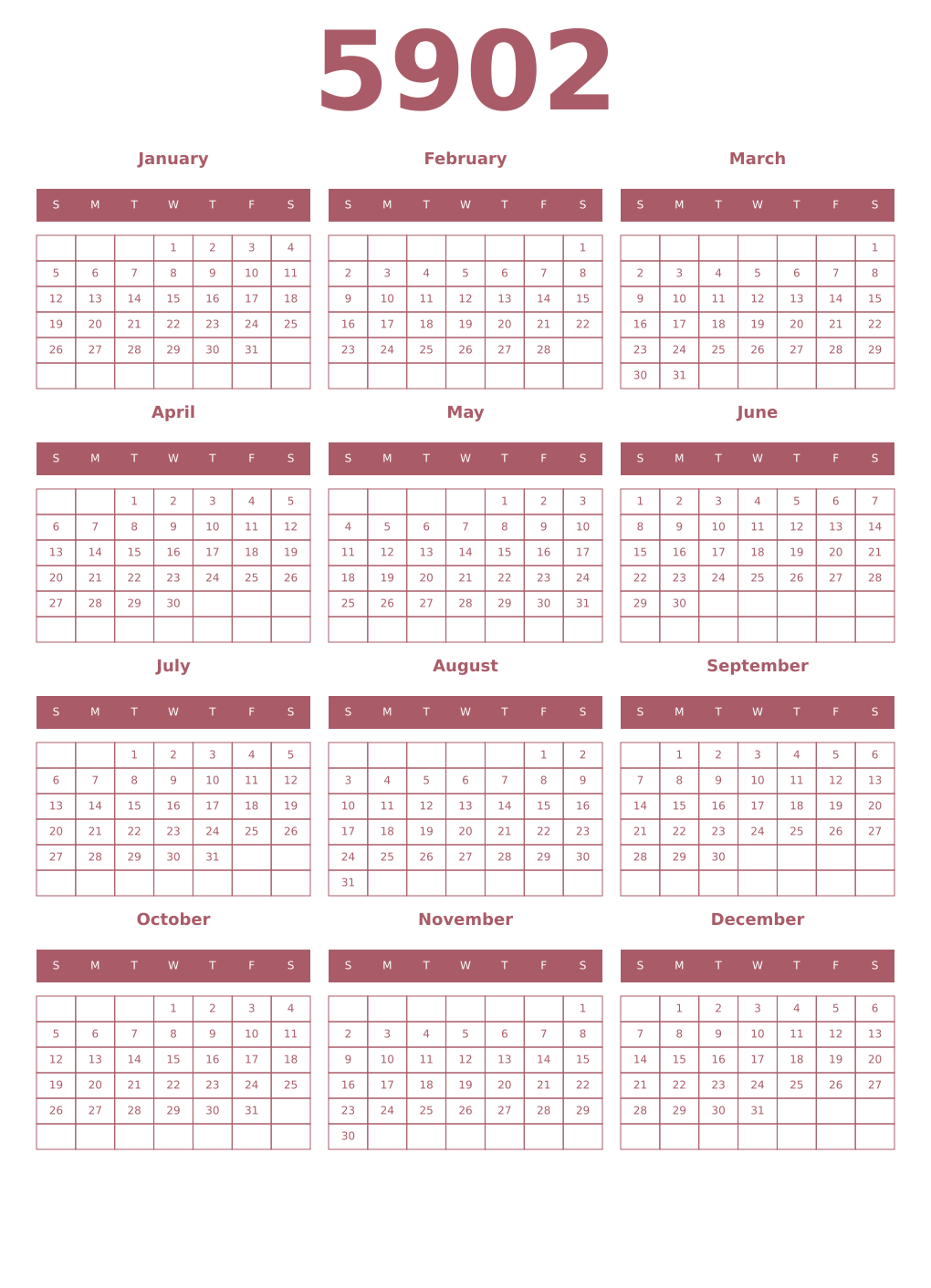 Printable 5902 Year Calendars puce