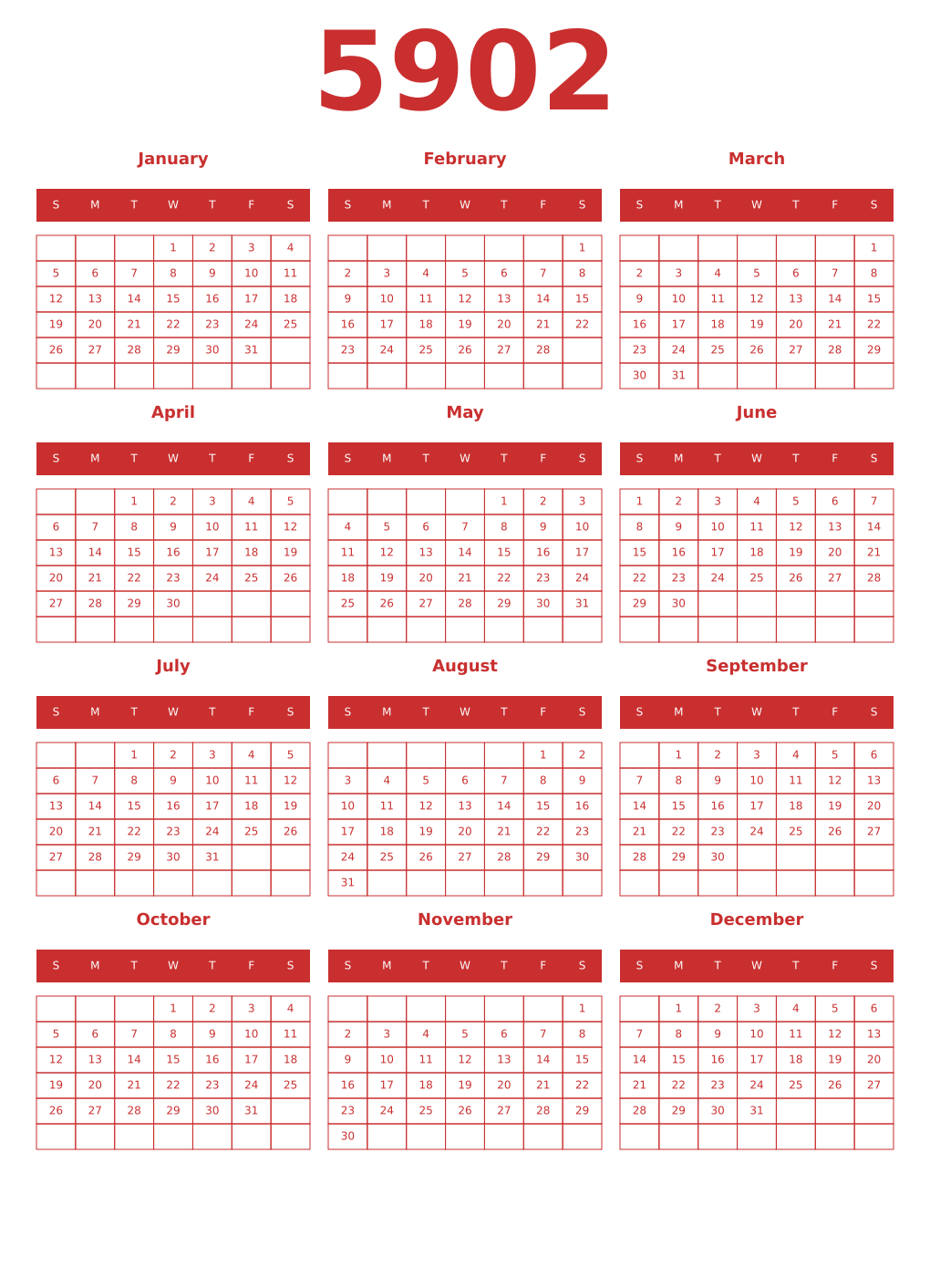 Printable 5902 Year Calendars red