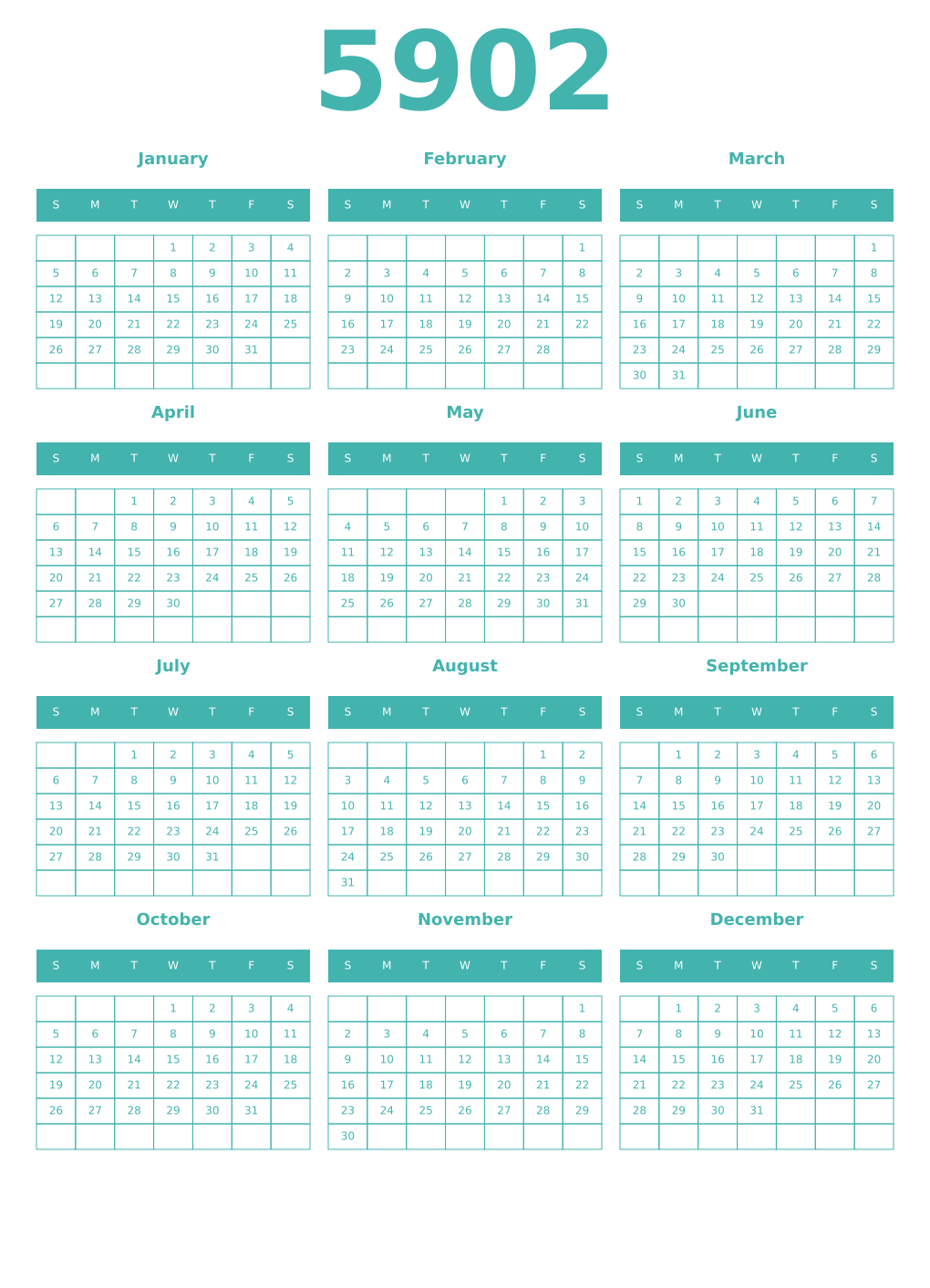 Printable 5902 Year Calendars verdigris