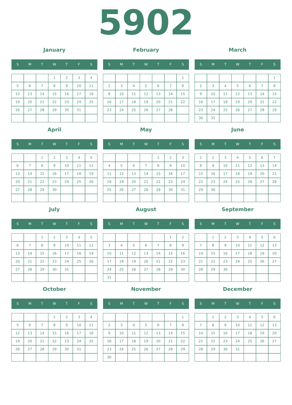 Printable 5902 Year Calendars viridian