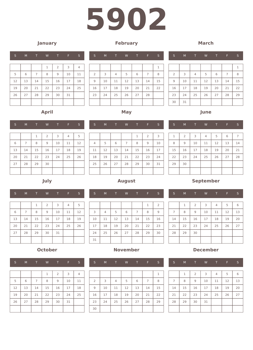 Printable 5902 Year Calendars wenge
