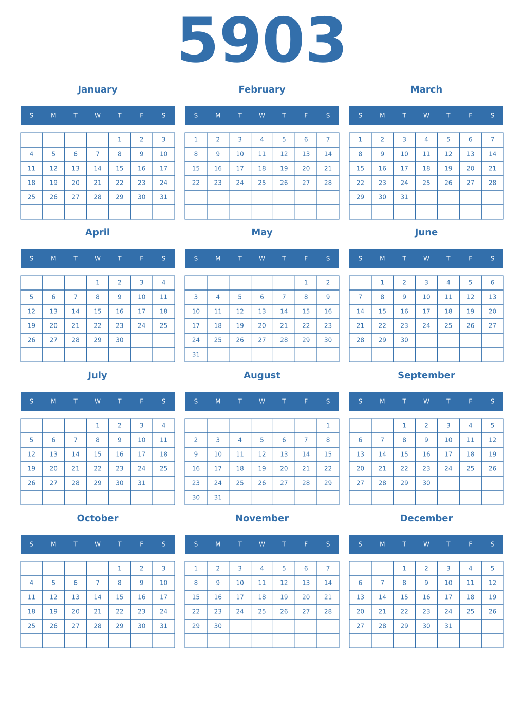Printable 5903 Year Calendars blue