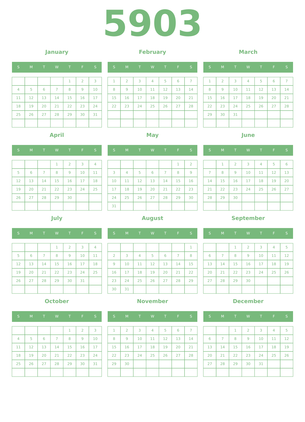 Printable 5903 Year Calendars celadon