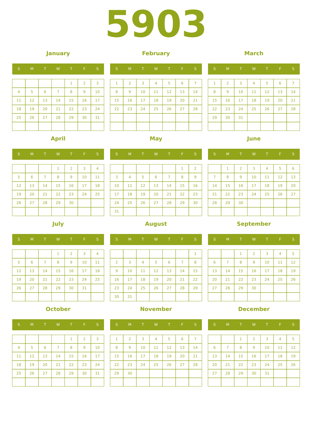 Printable 5903 Year Calendars chartreuse