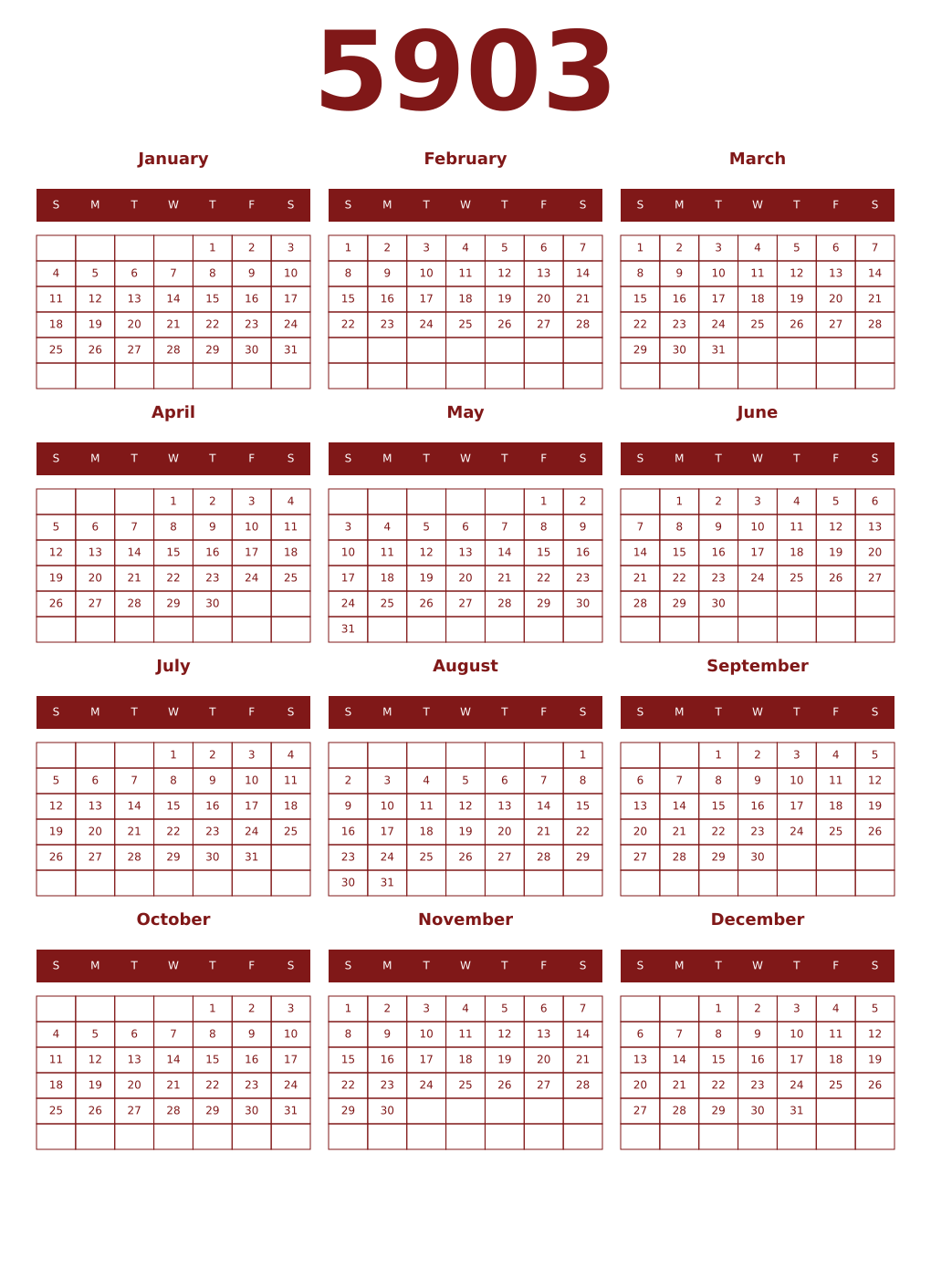 Printable 5903 Year Calendars falu