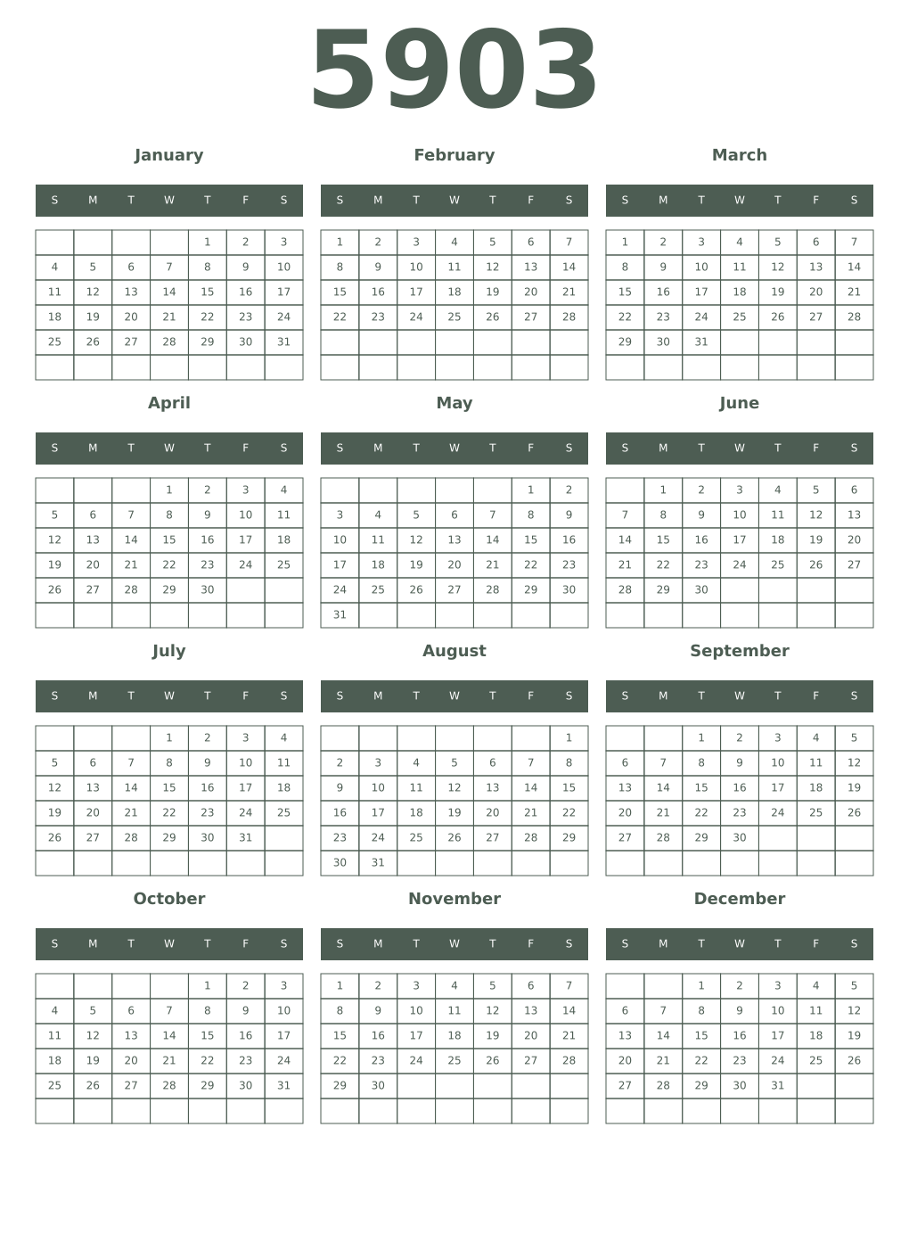 Printable 5903 Year Calendars feldgrau