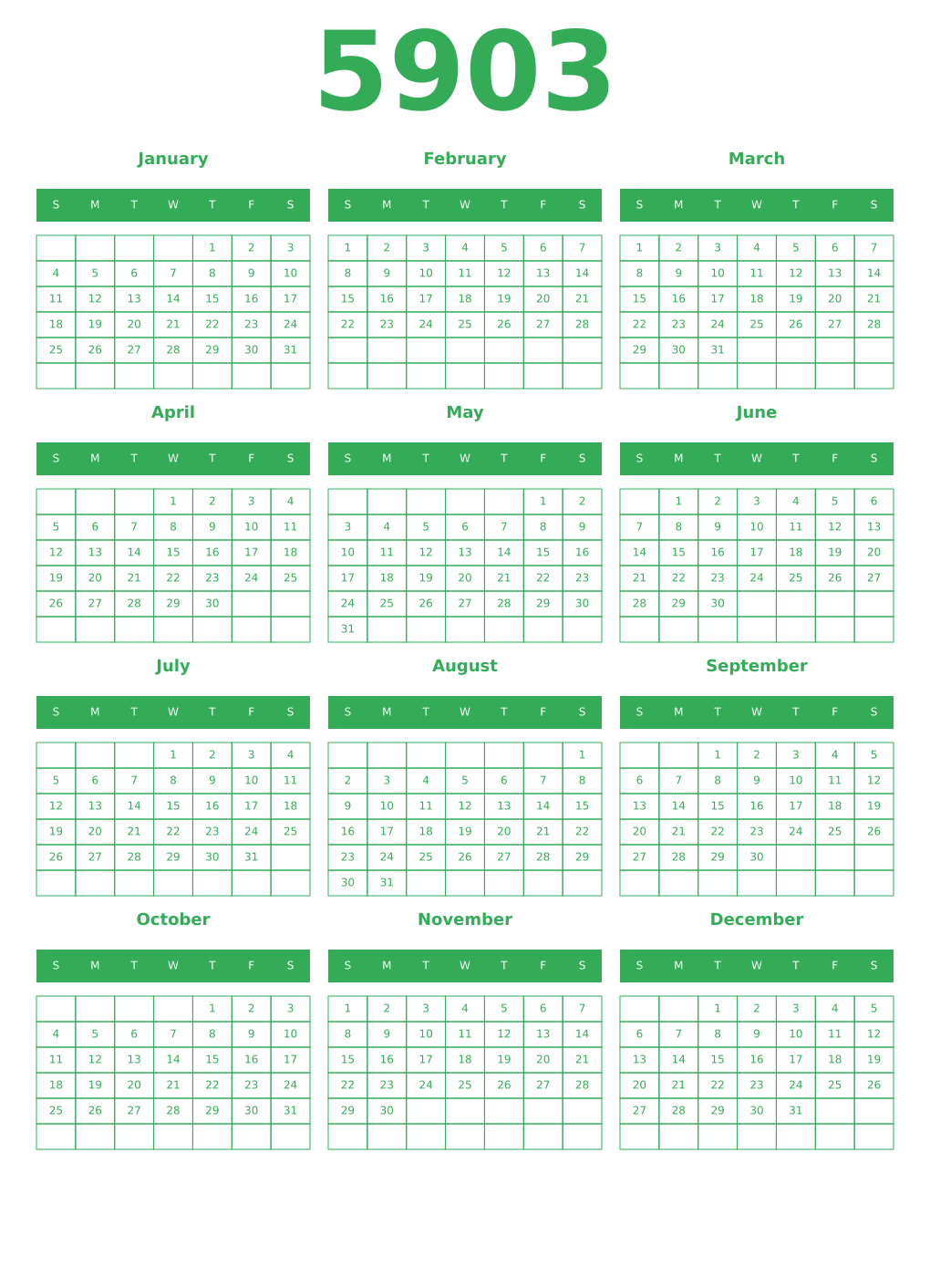 Printable 5903 Year Calendars green