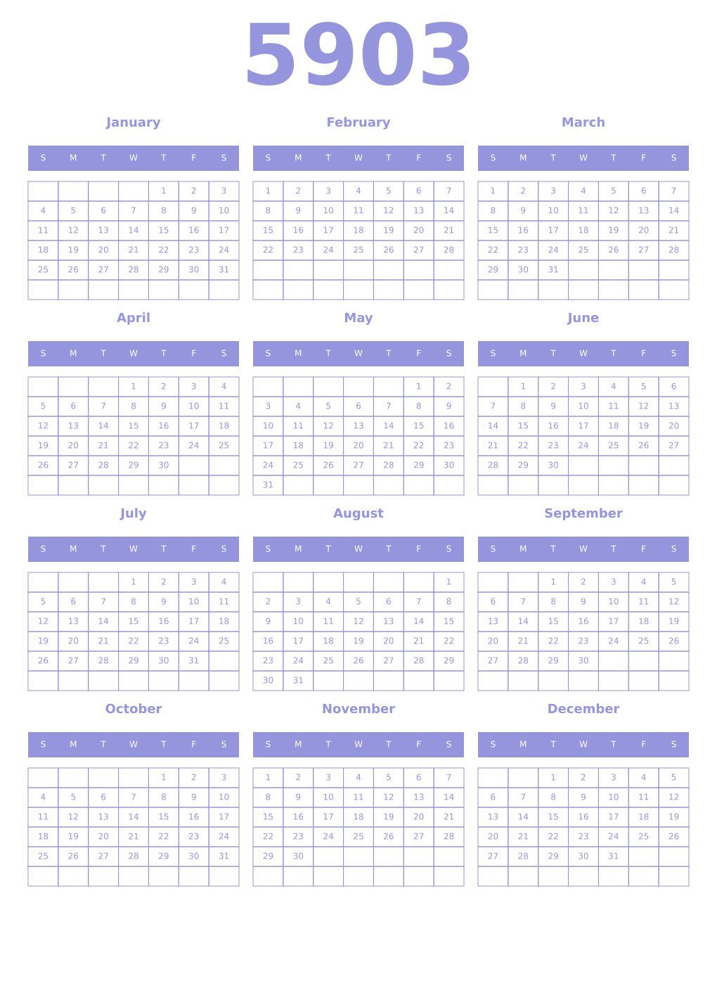 Printable 5903 Year Calendars periwinkle