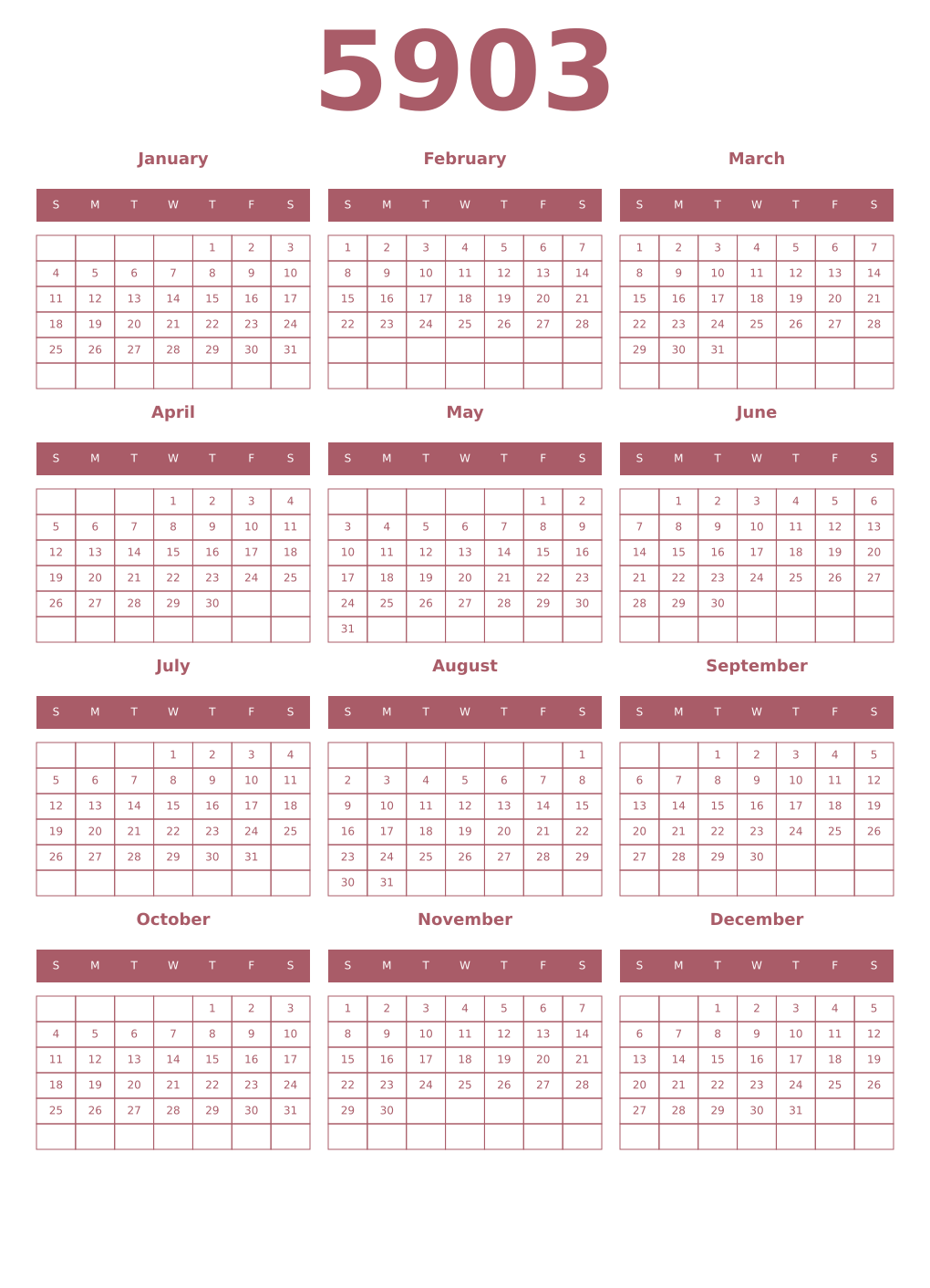 Printable 5903 Year Calendars puce