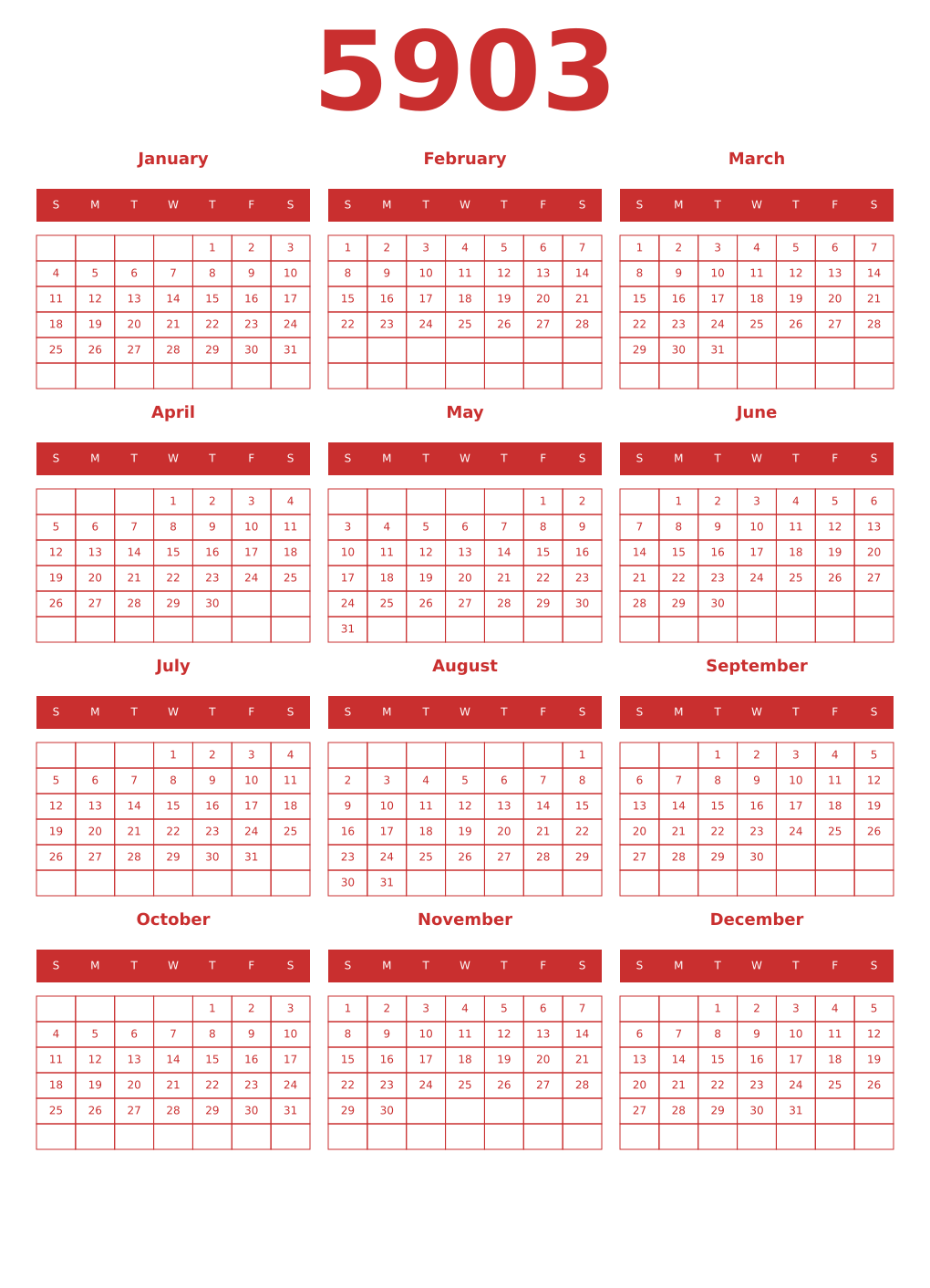 Printable 5903 Year Calendars red