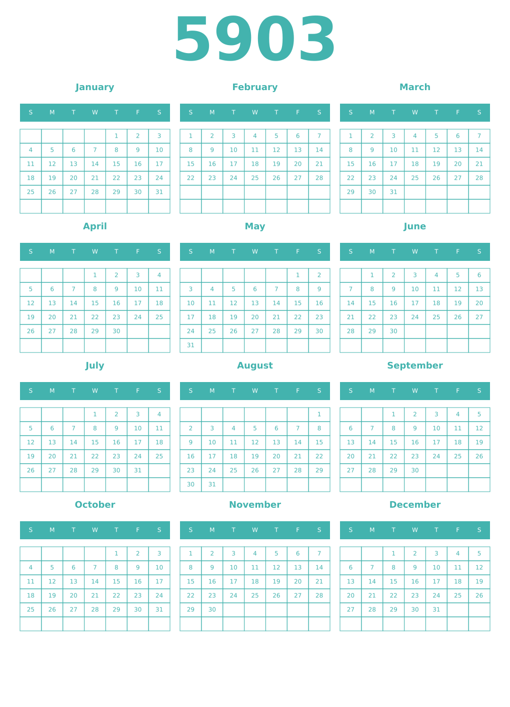 Printable 5903 Year Calendars verdigris