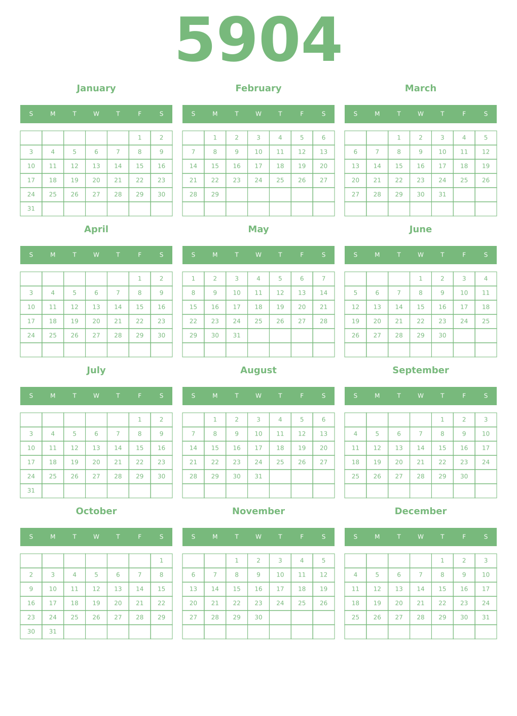 Printable 5904 Year Calendars celadon