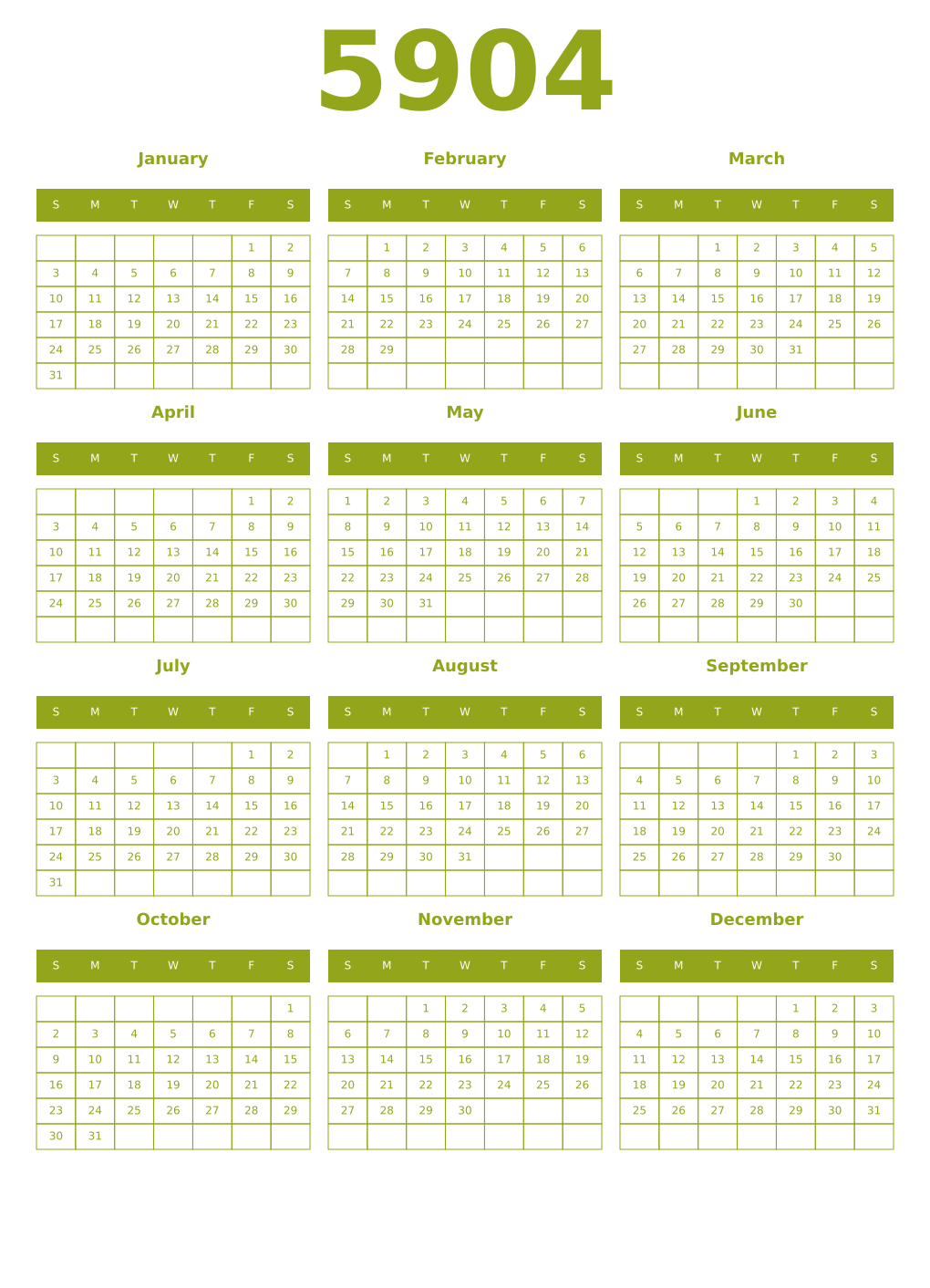 Printable 5904 Year Calendars chartreuse