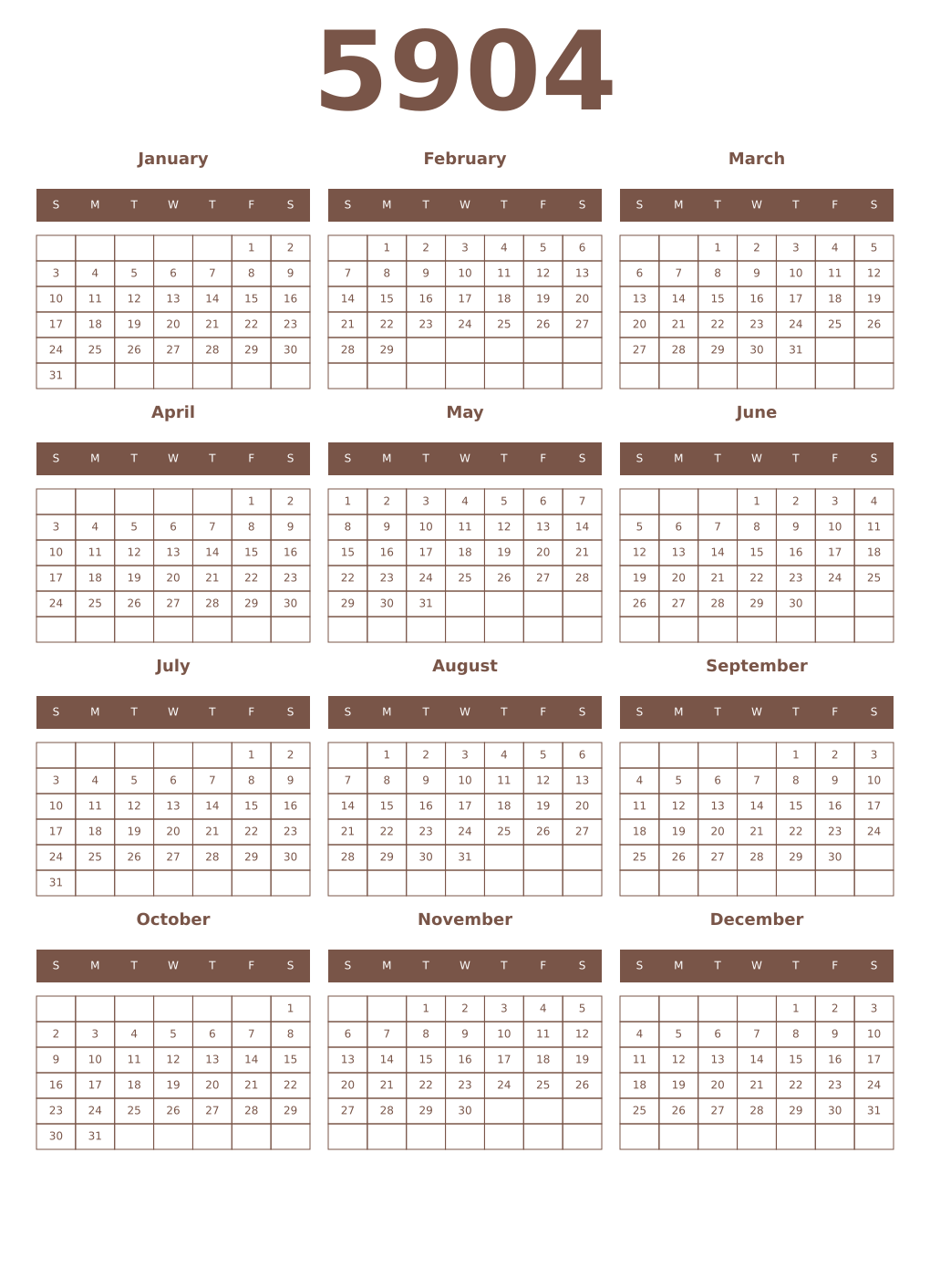 Printable 5904 Year Calendars coffe