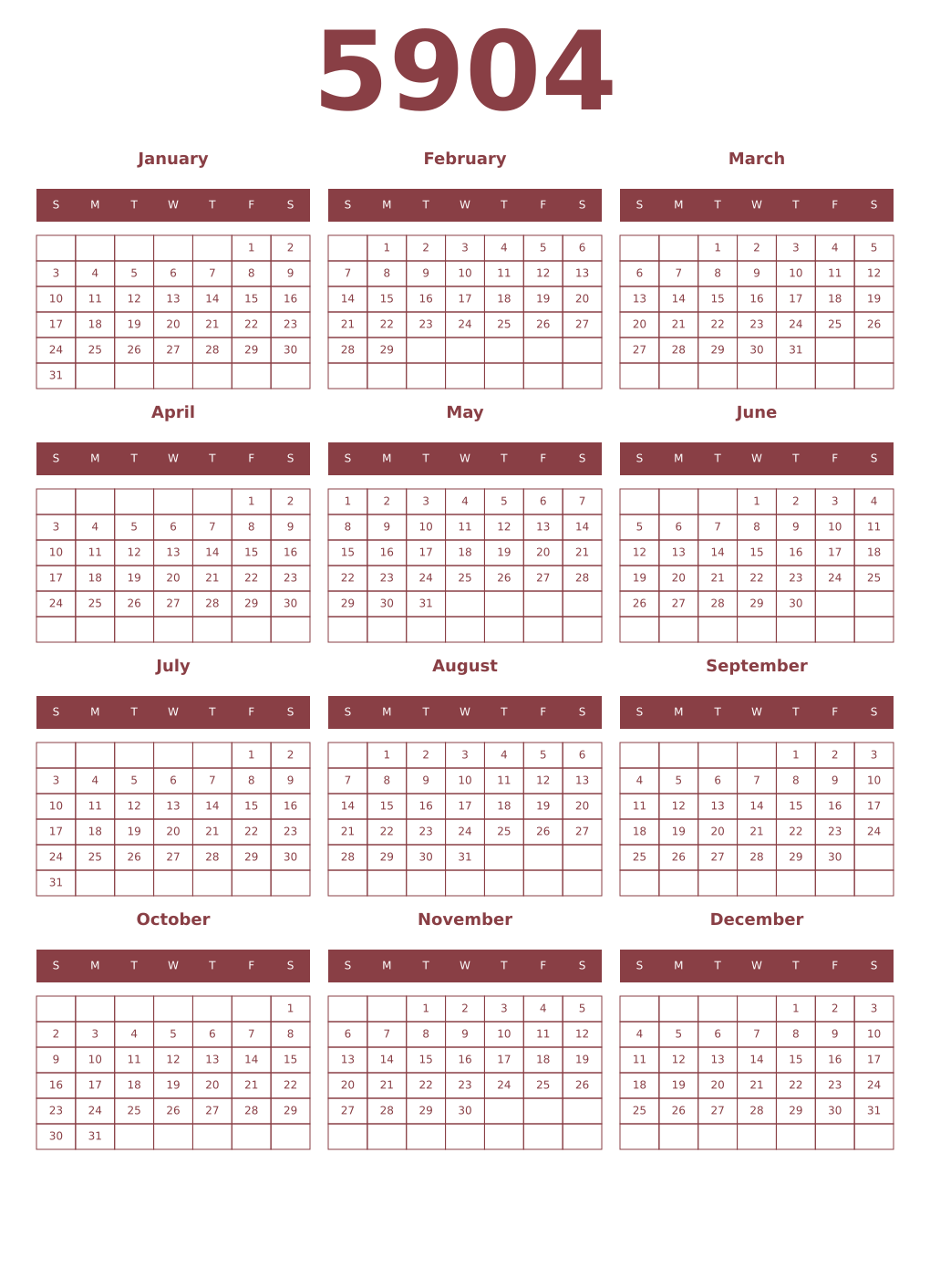 Printable 5904 Year Calendars cordovan