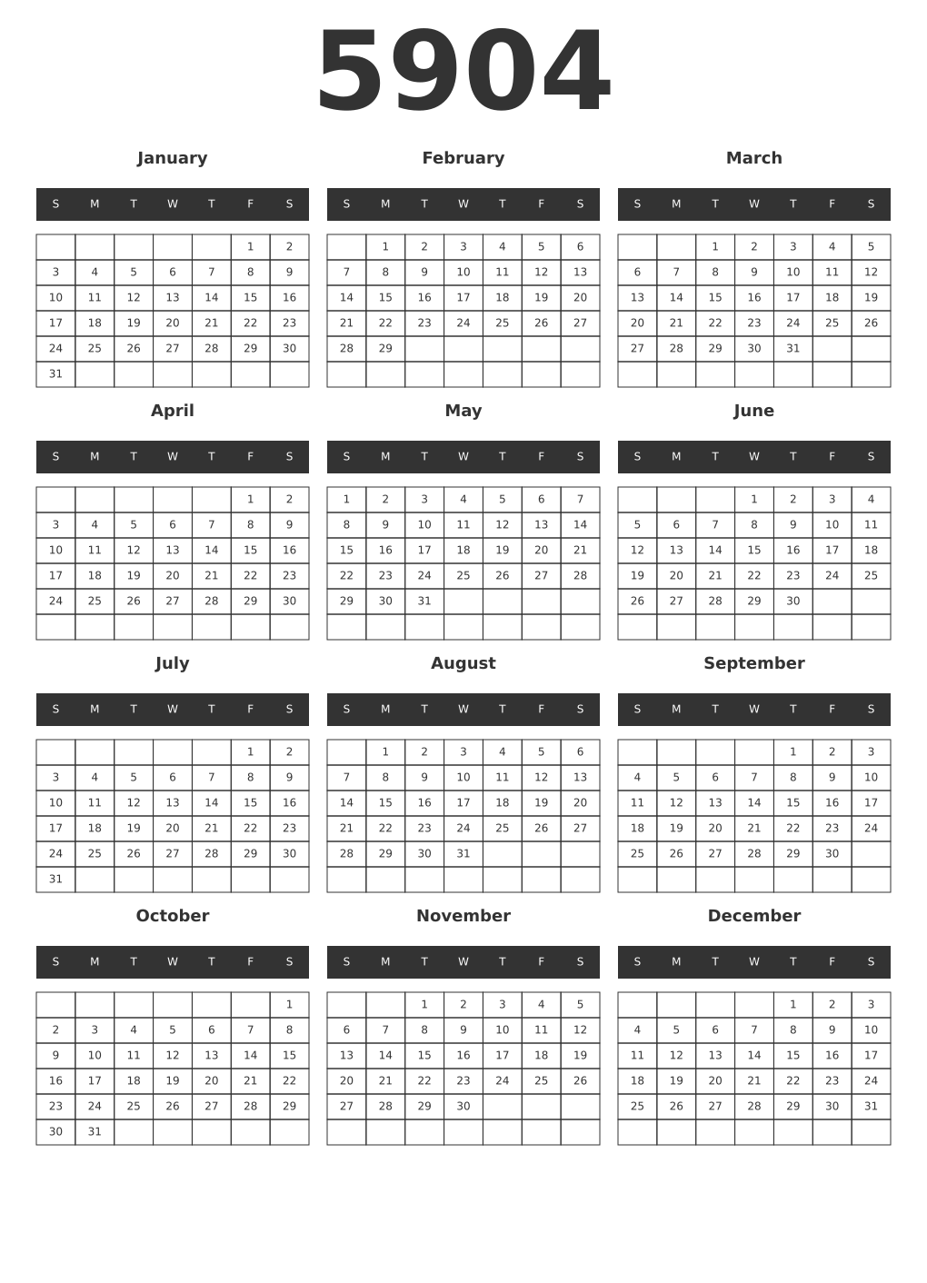 Printable 5904 Year Calendars dark
